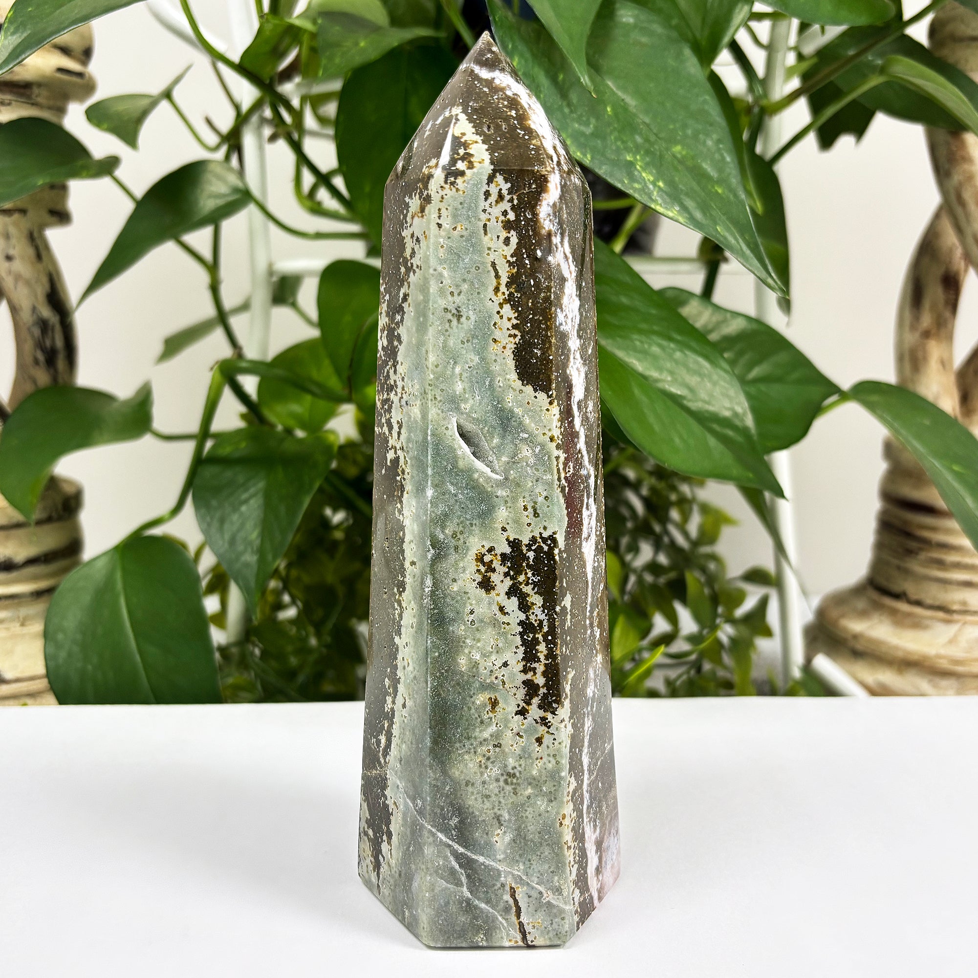 Natural Sea Jasper Crystal Obelisk Tower Point – Polished Healing Gemstone for Stress Relief & Emotional Balance | Unique Ocean Jasper Stone for Collectors, Meditation & Home Decor | Perfect for Yoga Spaces, Office Desks & Spiritual Gifts RPO408