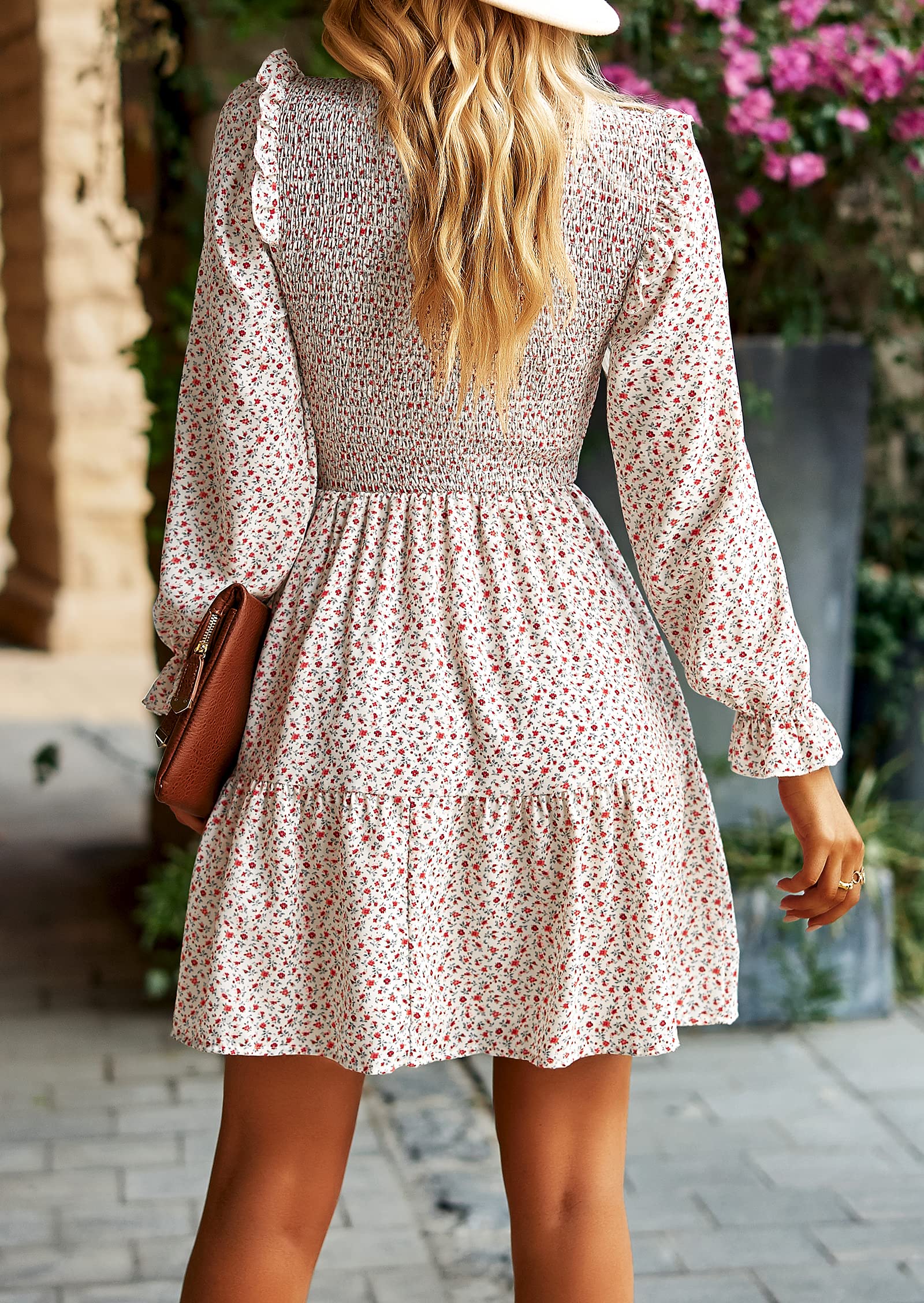 KIRUNDO Women's Floral Smocked Long Sleeve Ruffle A-Line Mini Dress - Spring Summer Party Dress 2025 - Perfect for Weddings, Garden Parties & Date Nights