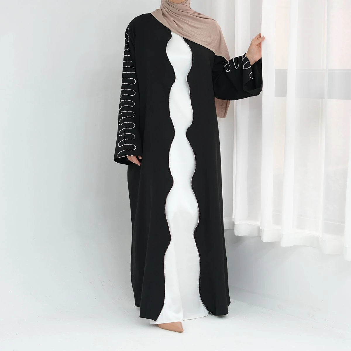 Urgarment Elegant Embroidery Sleeve Nida Cardigan Open Abaya Dress #24887 - Perfect for Muslim Women's Prayer, Mosque Wear & Modest Fashion Outfits