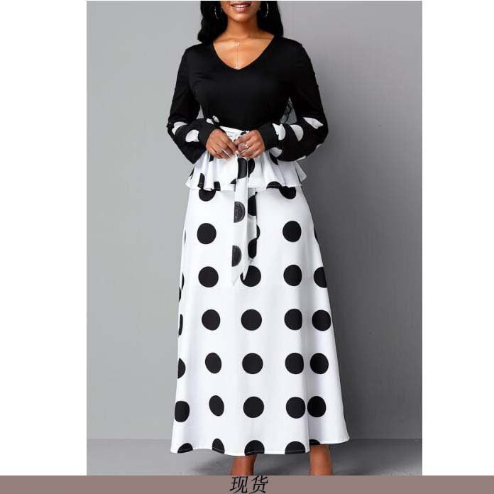 European & American Women's High Waist Mesh Dot Print Long Dress - Cross Border Fashion for Parties, Weddings & Evening Events