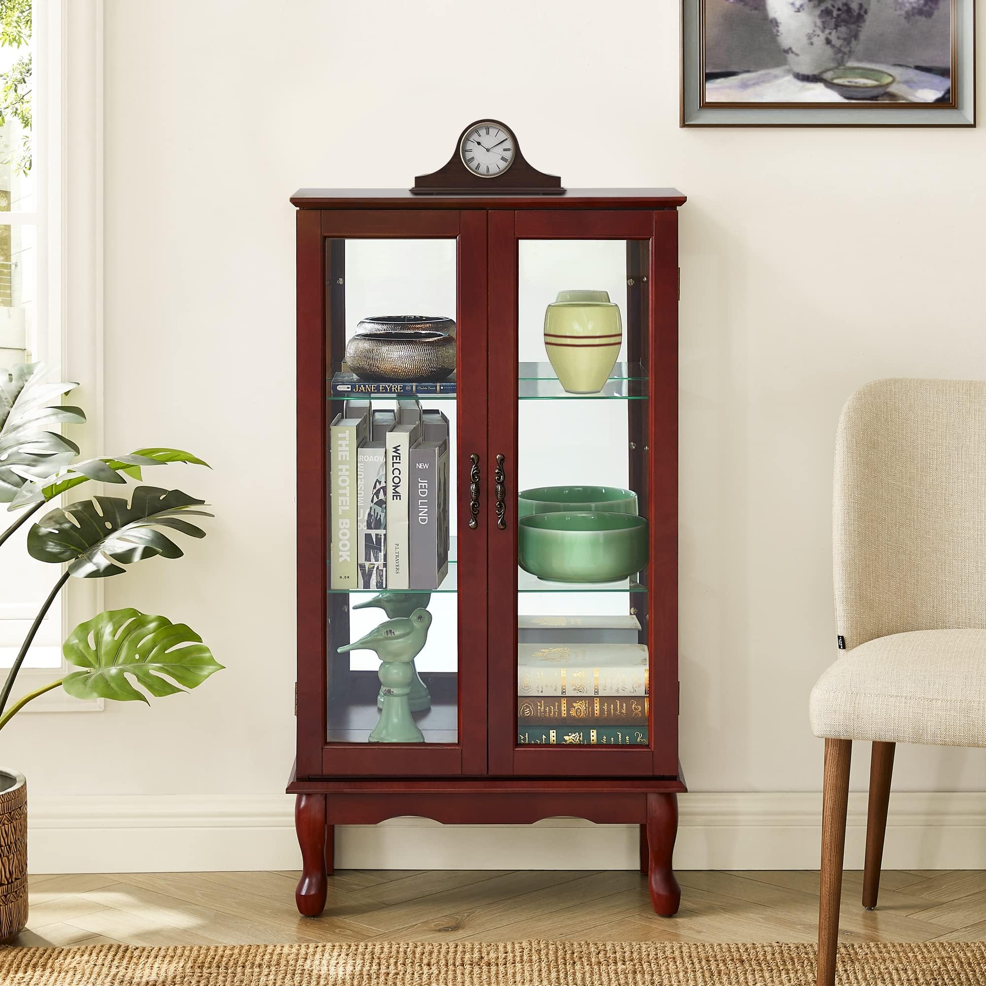 Cherry Wood Curio Cabinet with LED Lights - Glass Door Display Cabinet for Corner - Adjustable Tempered Glass Shelves & Carved Decor - Perfect for Showcasing China, Collectibles & Home Decor