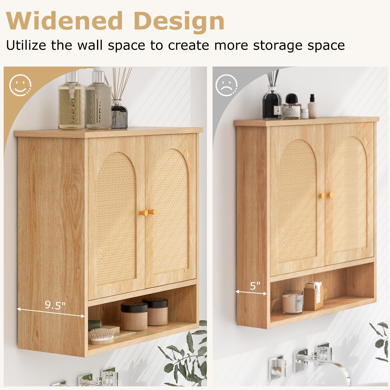 Tangkula Wall Mounted Medicine Cabinet with 2 Rattan Doors - Bathroom Storage Over Toilet, Hanging Cabinet for Laundry Room, Kitchen & Entryway (Natural Finish, Open Back) - Perfect for Small Spaces & Organizing Essentials