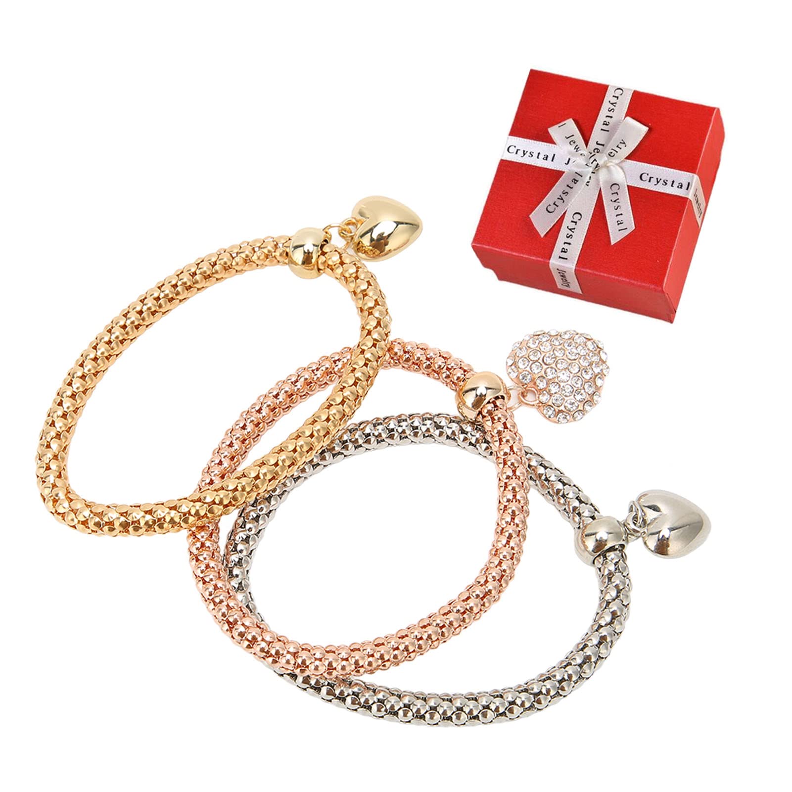 3PCS/Set Gold Silver Rose Gold Corn Chain Crystal Bracelets for Women Girls - Elegant Multilayer Stretch Heart Bracelet Jewelry Set, Perfect for Parties, Dating & Daily Wear