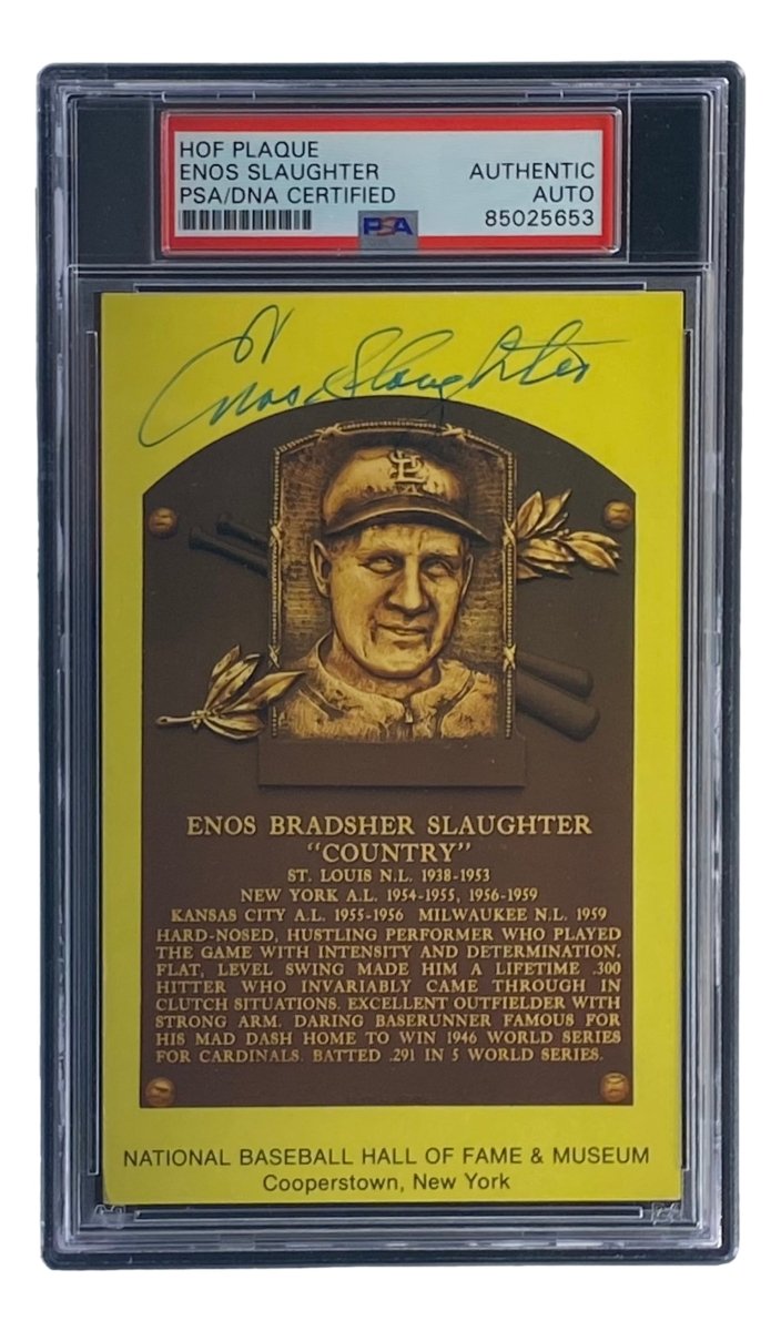 Enos Slaughter Autographed 4x6 St. Louis Cardinals Hall of Fame Plaque Card with PSA/DNA Certification #85025653 - Perfect for Baseball Memorabilia Collections & Sports Fan Gifts