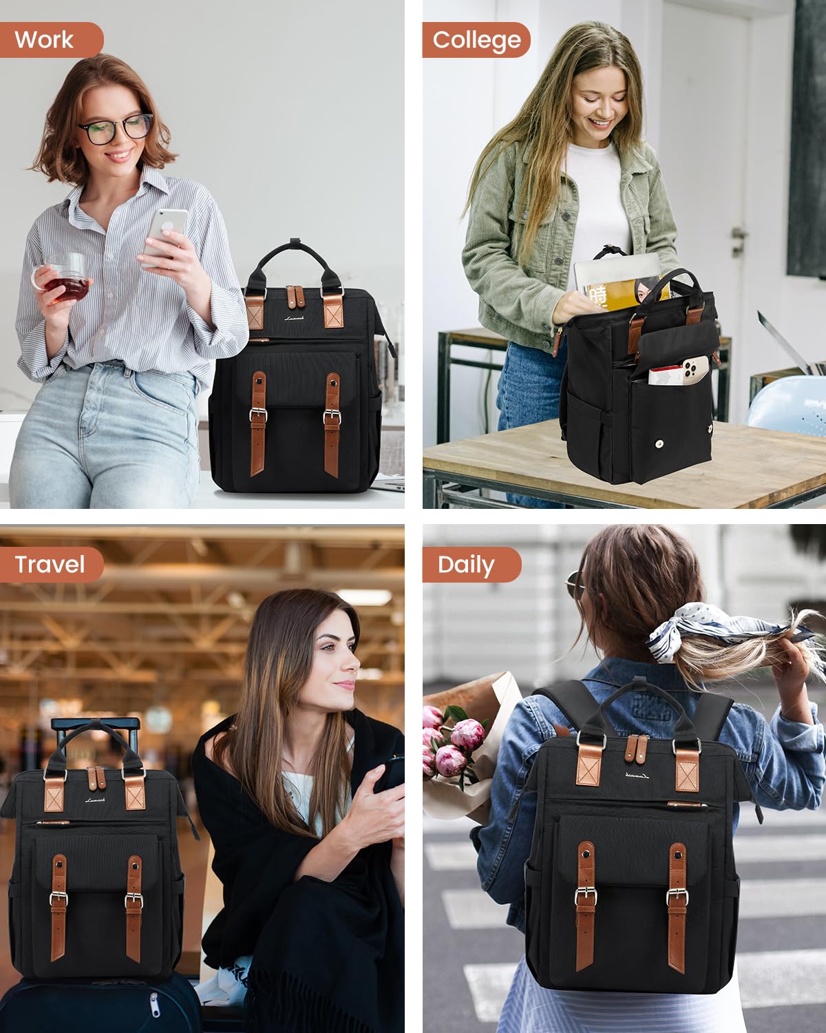 LOVEVOOK 15.6 Inch Women's Laptop Backpack - Stylish Work Travel Purse & Business Computer Bag for Commuters, Teachers, Nurses | Multi-Pocket College School Backpack & Student Bookbag (Black-Brown) - Perfect for Office, Campus & Daily Commute