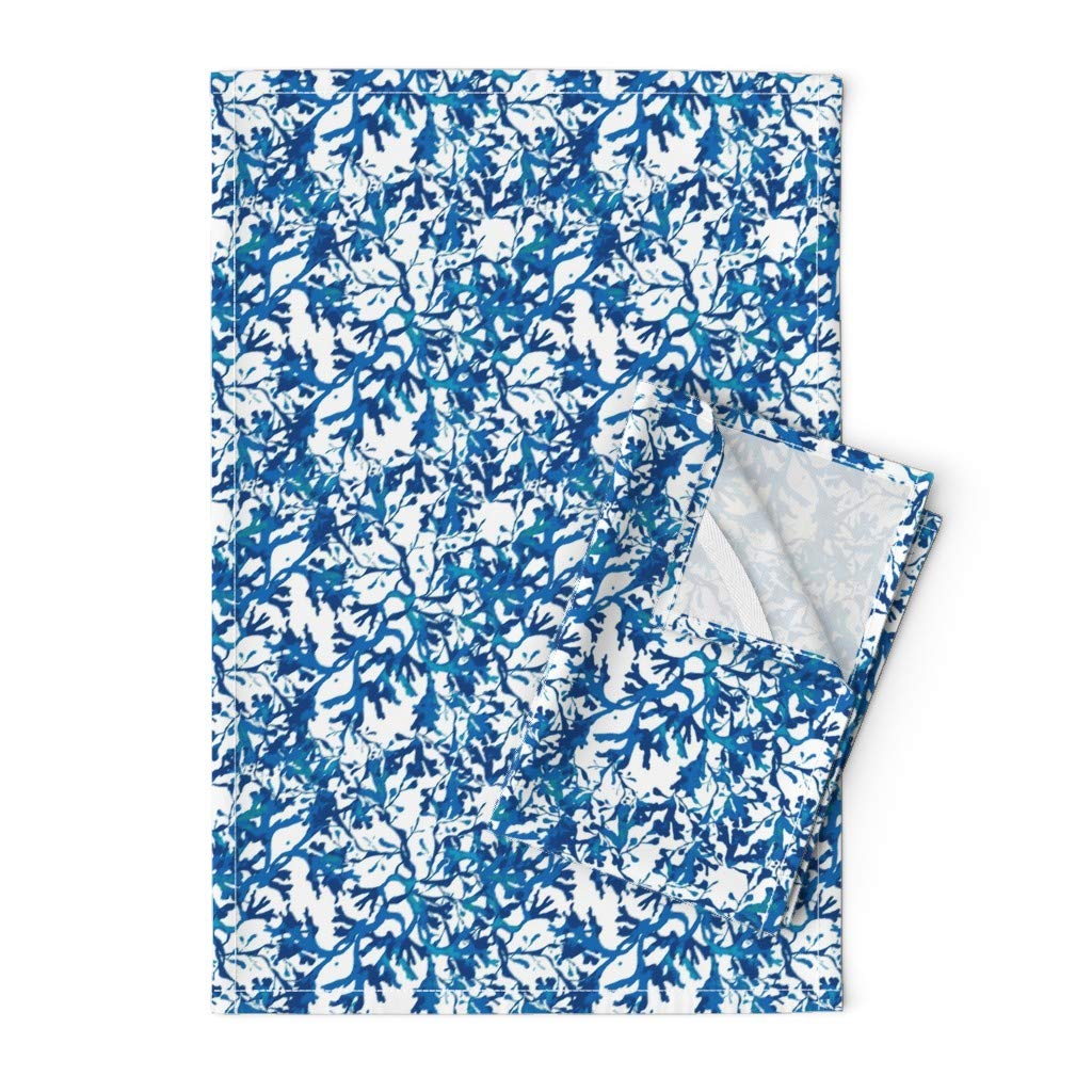 Premium Printed Tea Towel - Linen Cotton Canvas with Seaweed Blue Nautical Ocean Design | Decorative Kitchen Towel for Beach House, Coastal Decor & Dish Drying