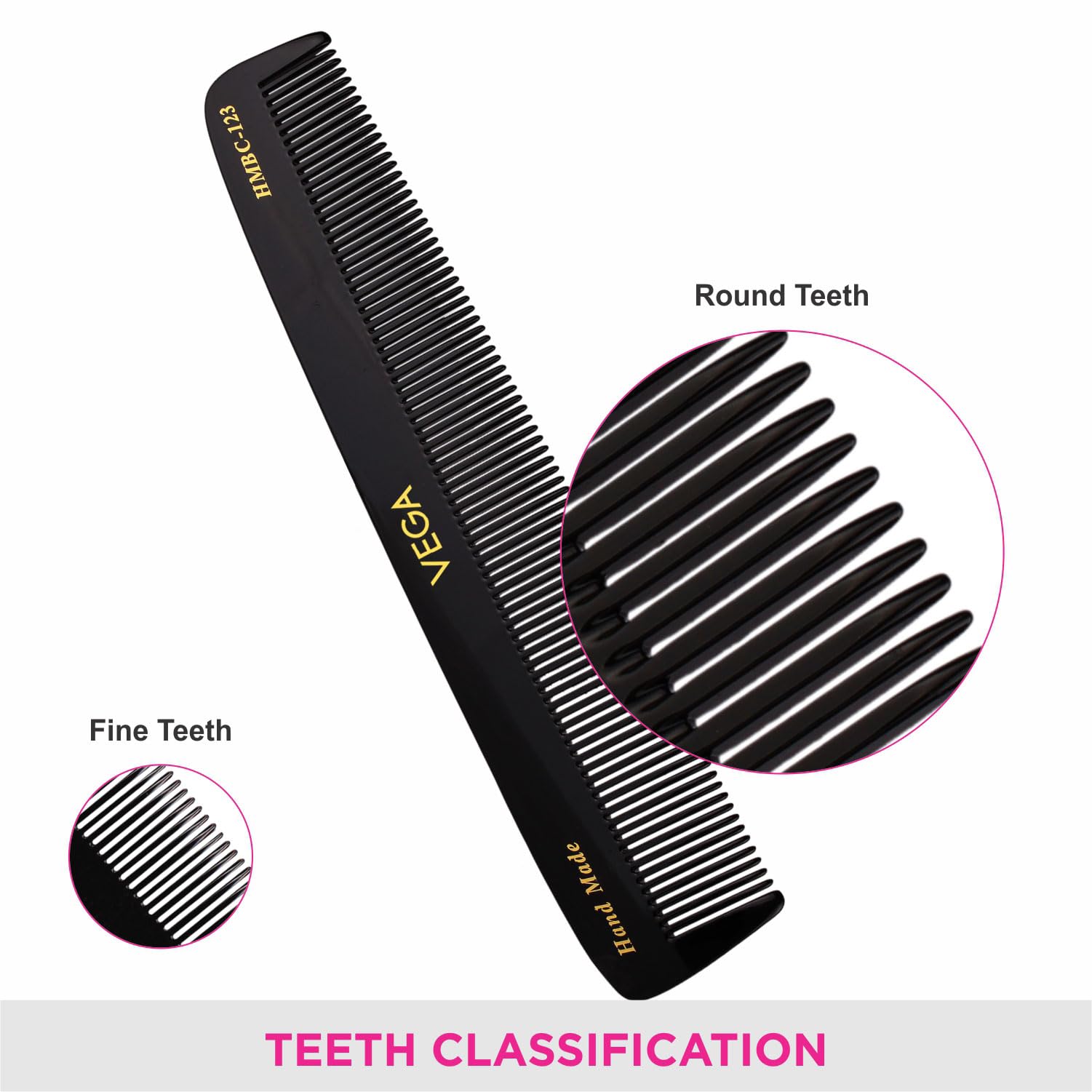 Vega Dressing Hair Comb - Handmade Wooden Comb for Men & Women | India's No.1 Hair Care Brand | Black (HMBC-123) | Perfect for Styling, Detangling & Scalp Massage