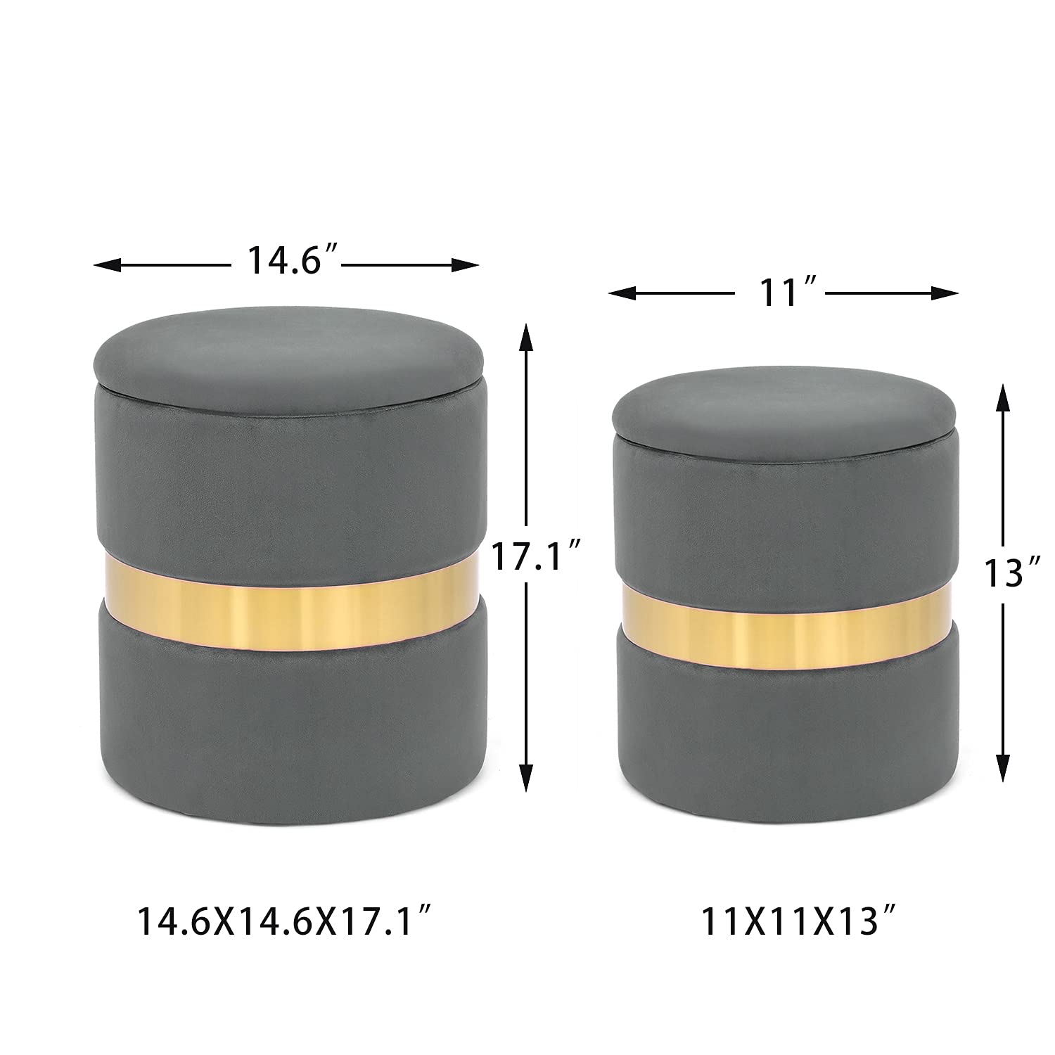 Furnistar Round Velvet Storage Footstool Ottoman (Set of 2) - Gray - Multi-Functional Living Room Footrest & Bedroom Makeup Vanity Stool with Hidden Storage Compartment - Perfect for Home Decor, Lounge Seating & Beauty Station Organization