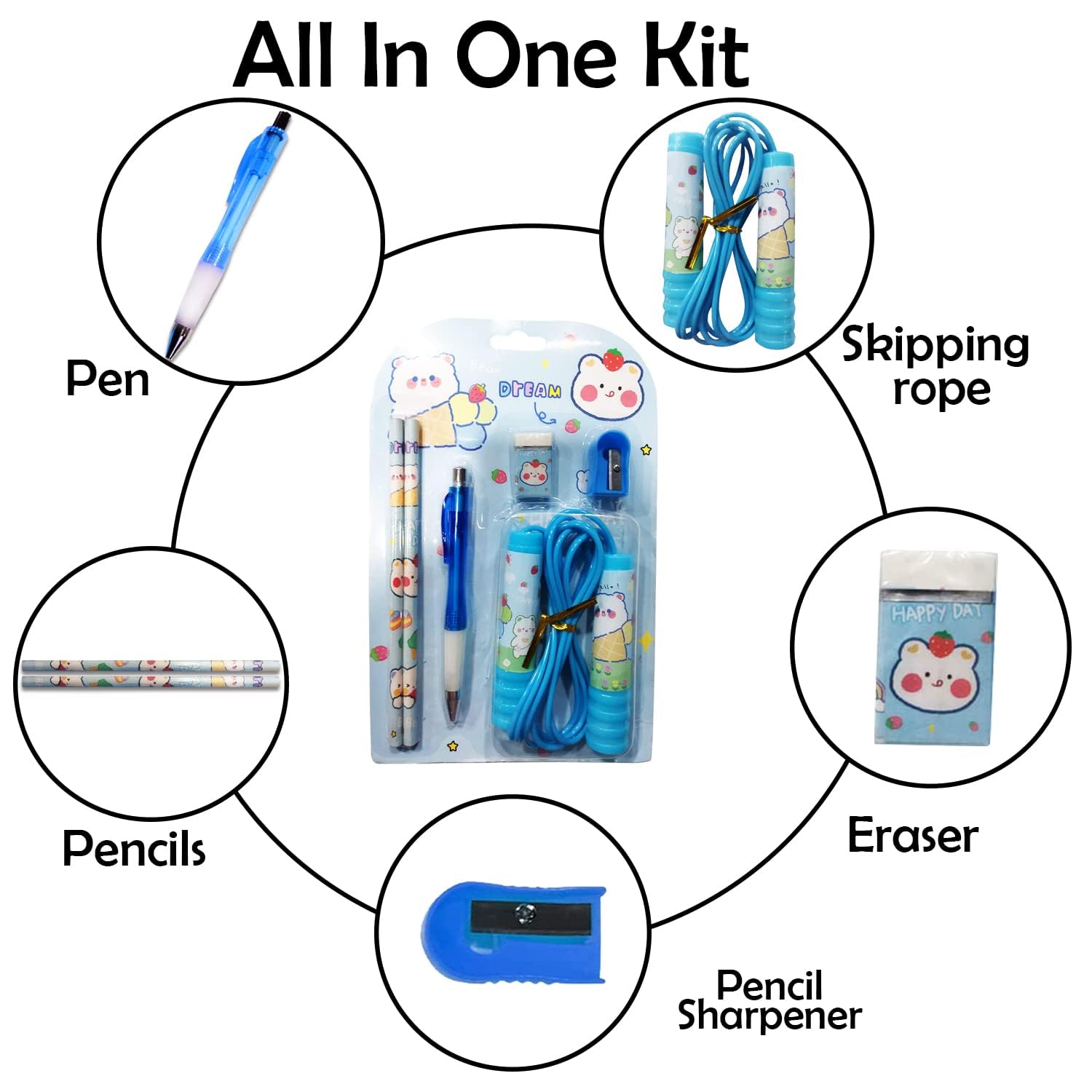 WingsCreations Kids Birthday Return Gifts - 6 Piece Blue Stationery Set with Pen, Pencil, Sharpener, Eraser & Jump Rope | Perfect for School Supplies, Party Favors & Children's Gift Ideas