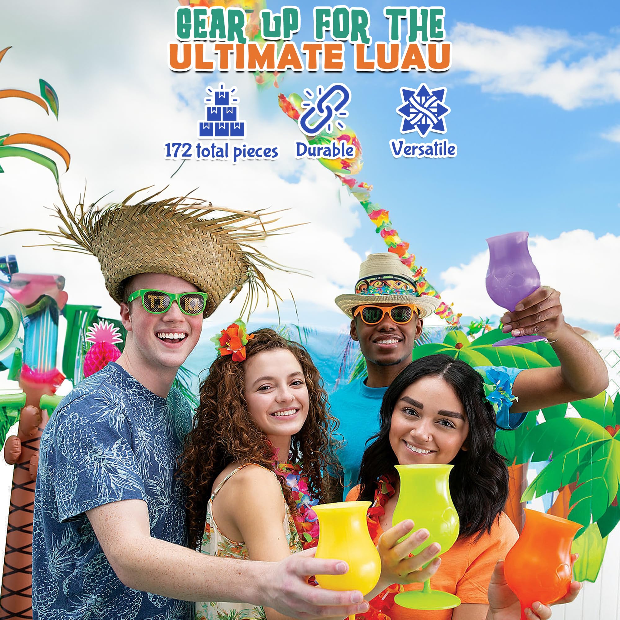 Fun Express Grand Luau Party Wearables Kit (50-156 Pieces) - Tropical Party Supplies with Leis, Hats & Sunglasses - Perfect for Beach Tiki Parties, Hawaiian Luaus & Summer Themed Events
