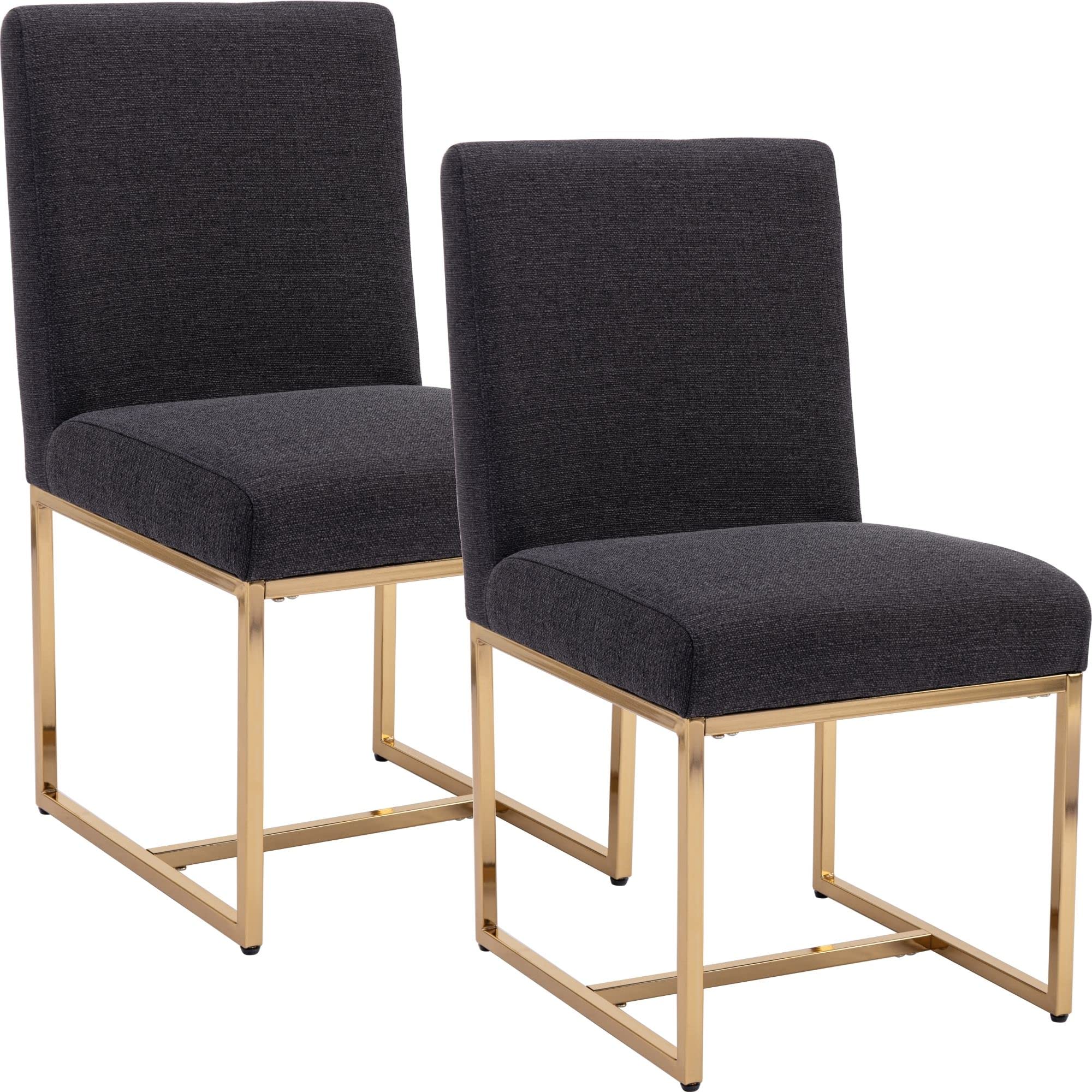 RIVOVA Modern Linen Upholstered Dining Chairs with Golden Metal Base - Set of 2 Comfortable Side Chairs for Dining Room, Kitchen, Restaurant - Charcoal Gray Home Decor