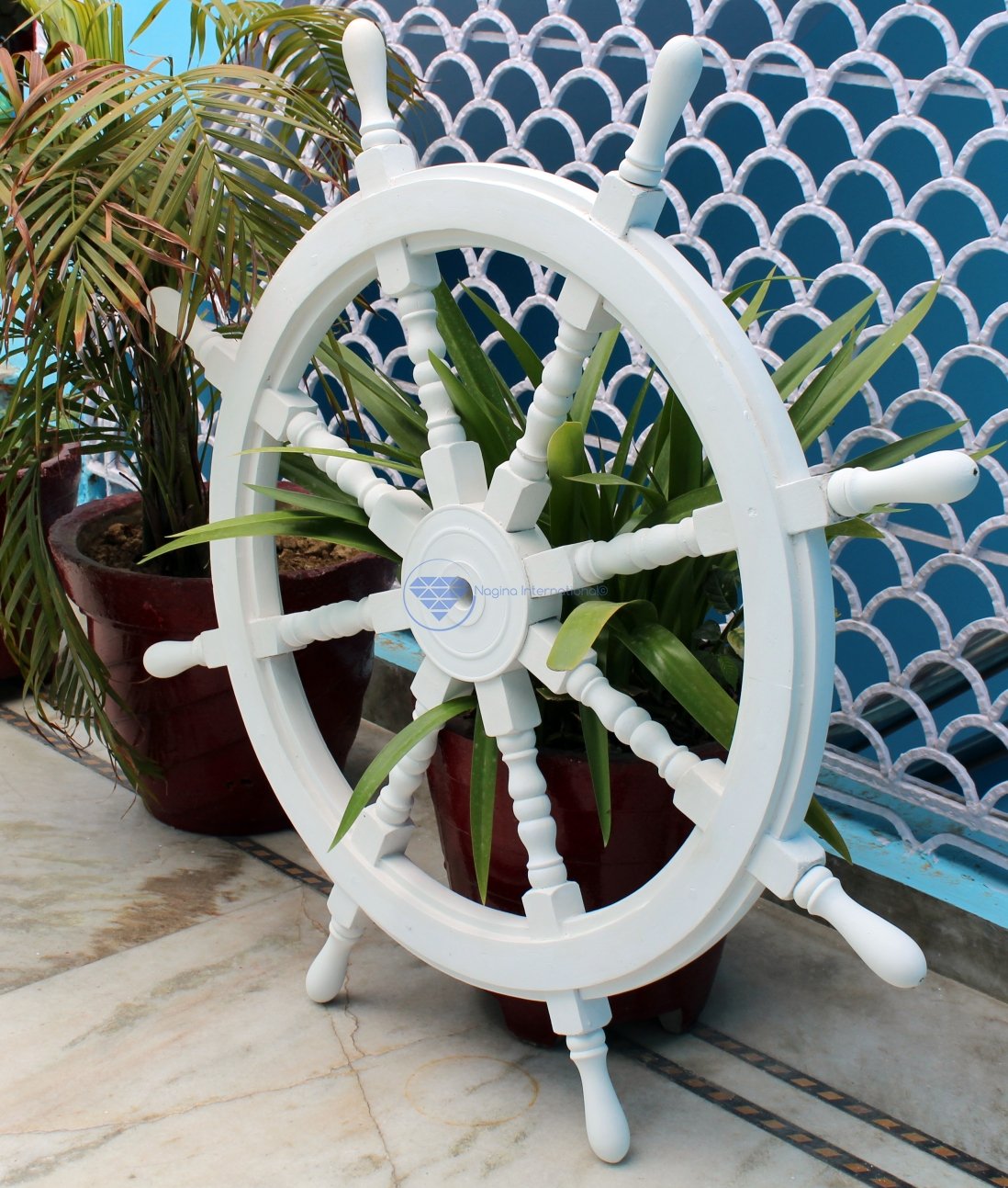 Antique White Washed Wooden Ship Wheel - 48 Inch Nautical Decor for Home, Wall, or Garden - Vintage Style Boat Steering Wheel by Nagina International - Perfect for Coastal, Beach House, or Maritime Themed Decorations