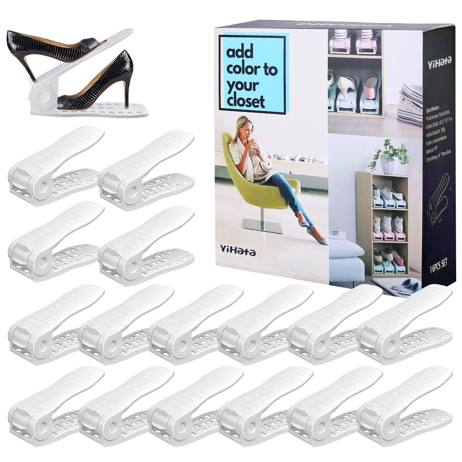 YIHATA 16-Pack Adjustable Shoe Stacker Organizer - Double Deck Shoe Rack Holder for Closet Storage, Space Saving Shoe Shelf with Thickened Quality (White) - Perfect for Bedroom, Closet & Entryway Organization