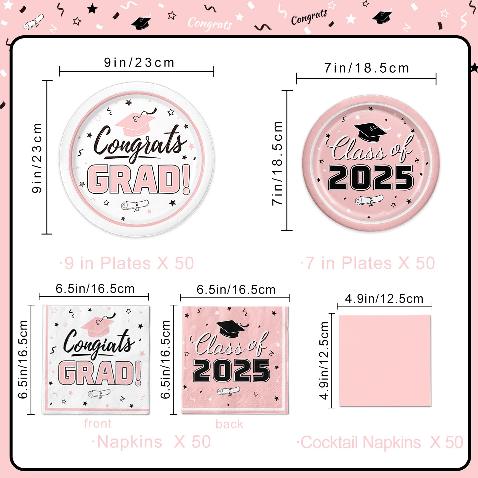 Class of 2025 Graduation Party Supplies Kit - 50-Piece Disposable Tableware Set with Pink Dinner Plates, Dessert Plates & Napkins - Perfect for Grad Party Decorations & Congratulations Celebrations | Great for High School & College Graduation Parties, Open Houses & Commencement Receptions