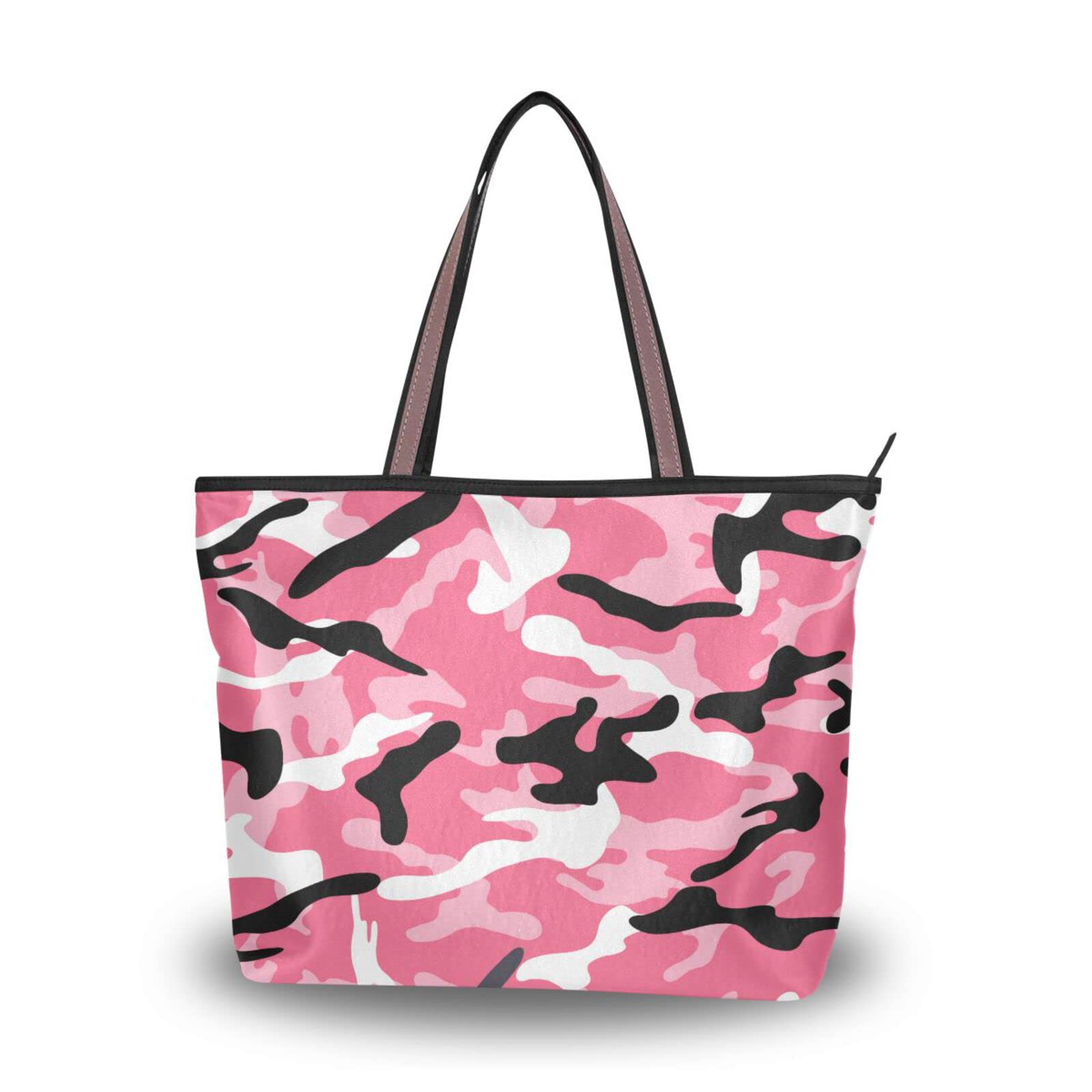 ALAZA Camo Pink Camouflage Tote Bag for Women - Reusable Zippered Shoulder Handbag, Large Beach Bag for Travel, Shopping & Daily Use | Waterproof & Durable Design