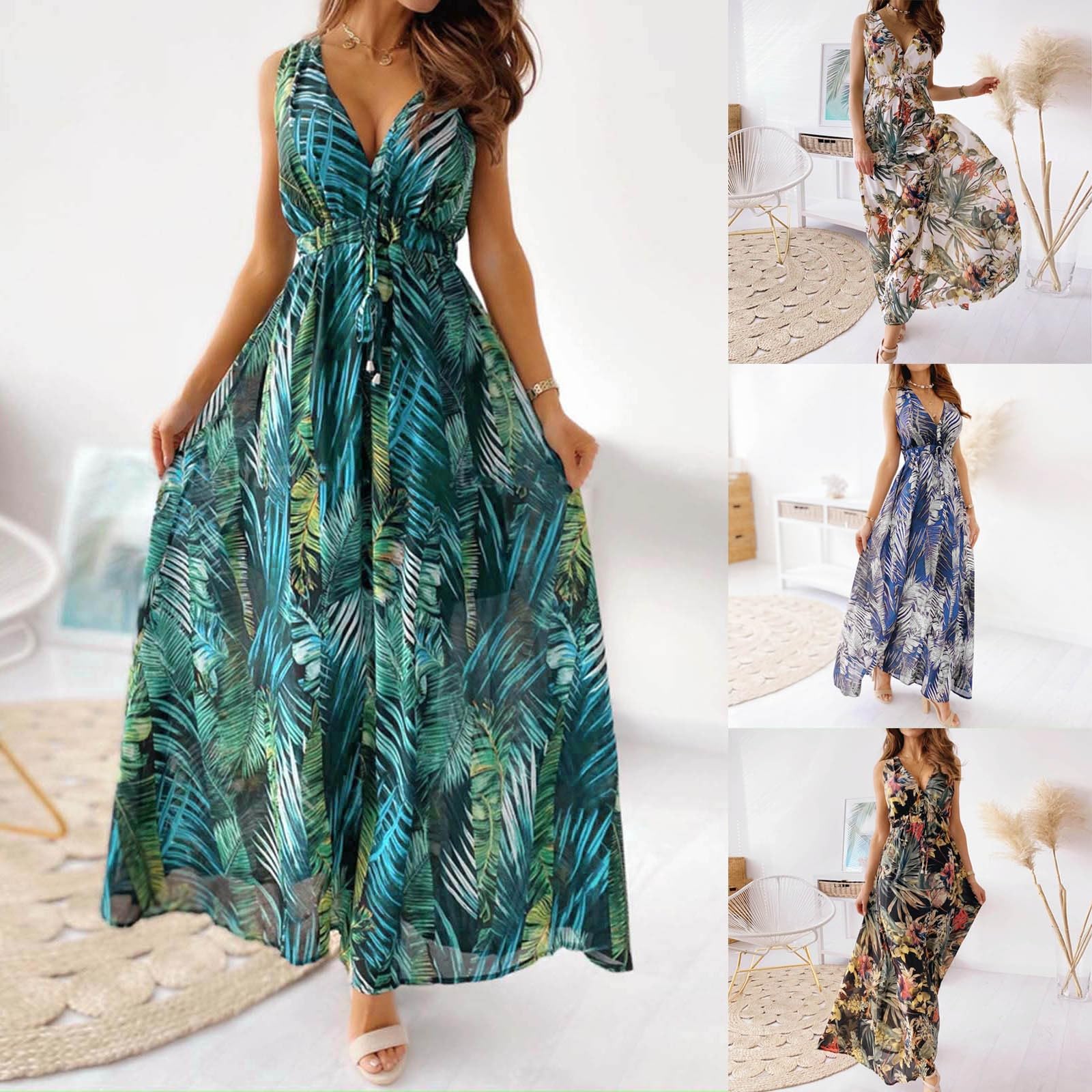 2024 Women's Boho Summer Dresses - Floral Sleeveless V-Neck Hawaiian Beach Maxi Sundress for Vacation, Pool Party & Tropical Getaway
