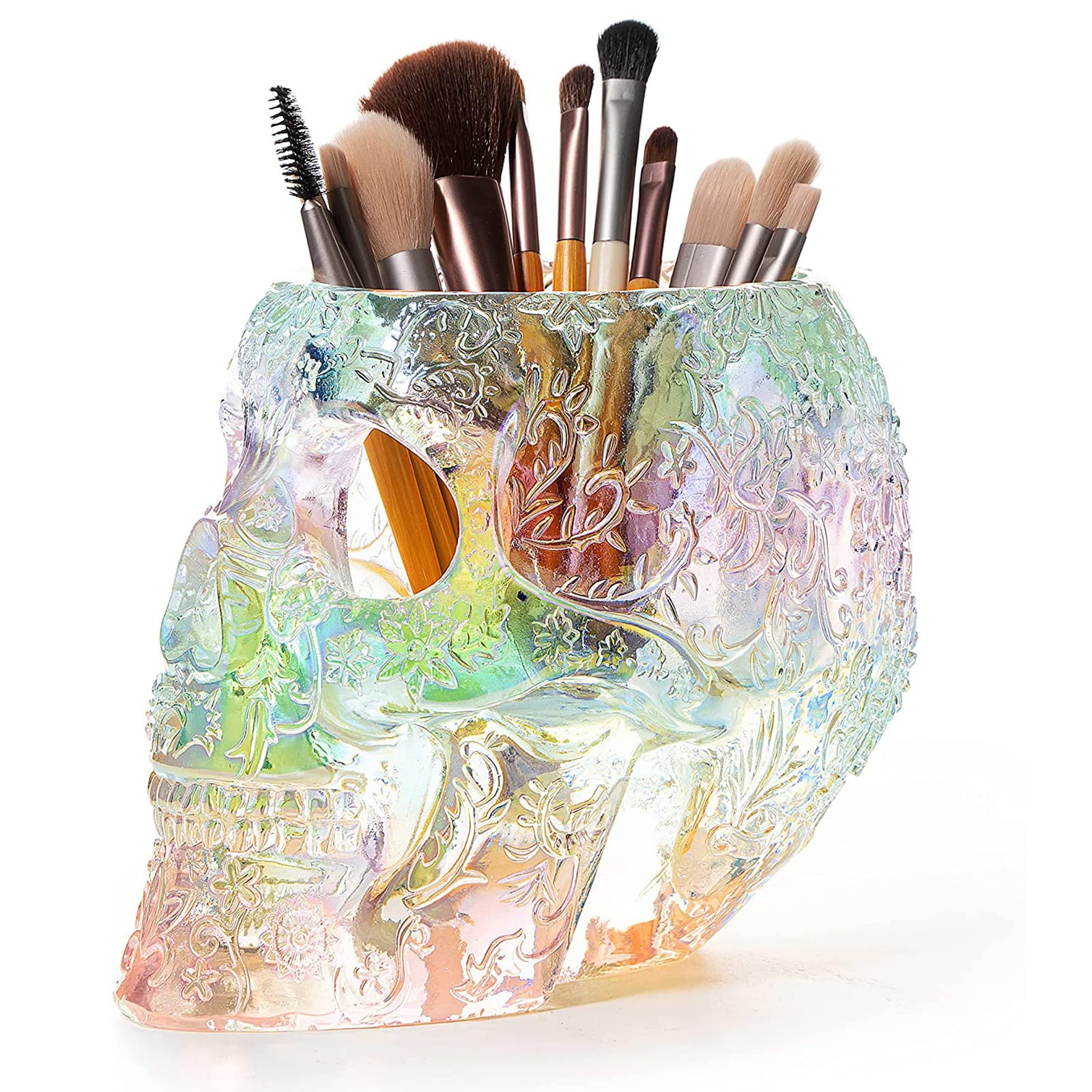 Gothic Skull Makeup Brush & Pen Holder - Extra Large Vanity Desk Organizer for Office, Bathroom Decor - Iridescent Skull & Bones Planter, Candy Bowl, Stationery Storage - Perfect for Halloween, Goth Decor & Dark Aesthetic Lovers