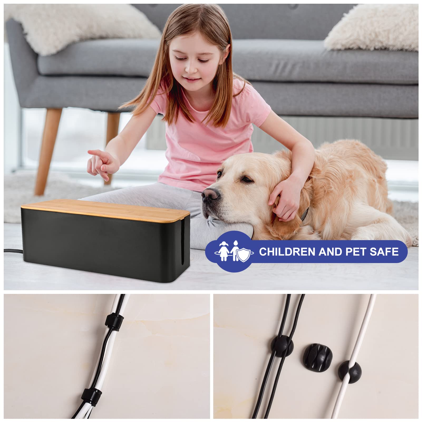 Wooden Style Cable Management Box - Cord Organizer to Hide Wires & Power Strips | Desk & Computer Cable Organizer | Safe ABS Material | 12.6