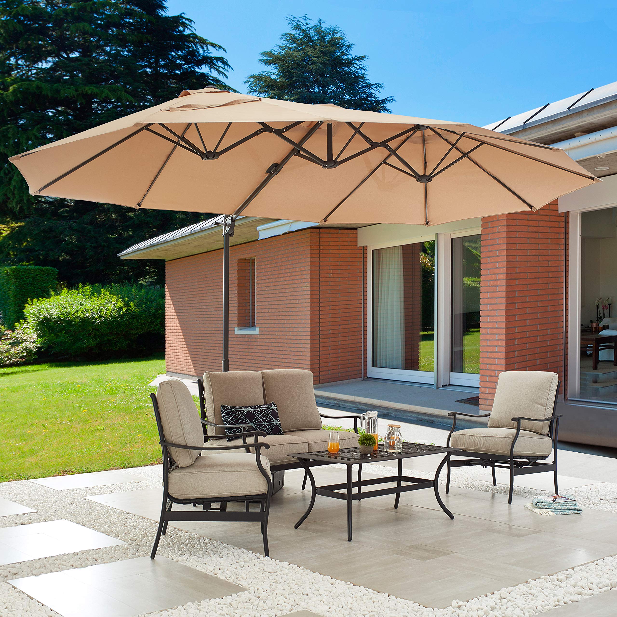 LOKATSE HOME 14.4 Ft Twin Head Outdoor Patio Market Umbrella with Crank & Weighted Base Stand - Large Rectangular Cantilever Hanging Umbrella Set in Khaki - Perfect for Poolside, Backyard, Beach, and Outdoor Dining Areas