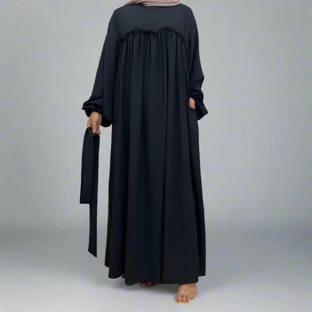 Elegant Muslim Women's Satin Loose Abaya Dress with Pockets - Modest Islamic Prayer Dress for Mosque, Eid & Daily Wear