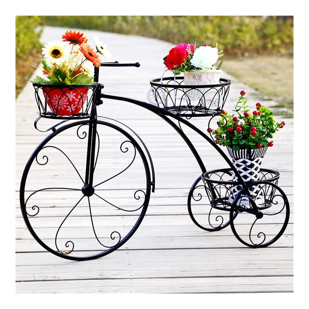 Black Tricycle Plant Stand - 3-Tier Flower Pot Holder Cart for Indoor & Outdoor Garden, Patio, Balcony Decor - Perfect for Herbs, Succulents, and Small Plants