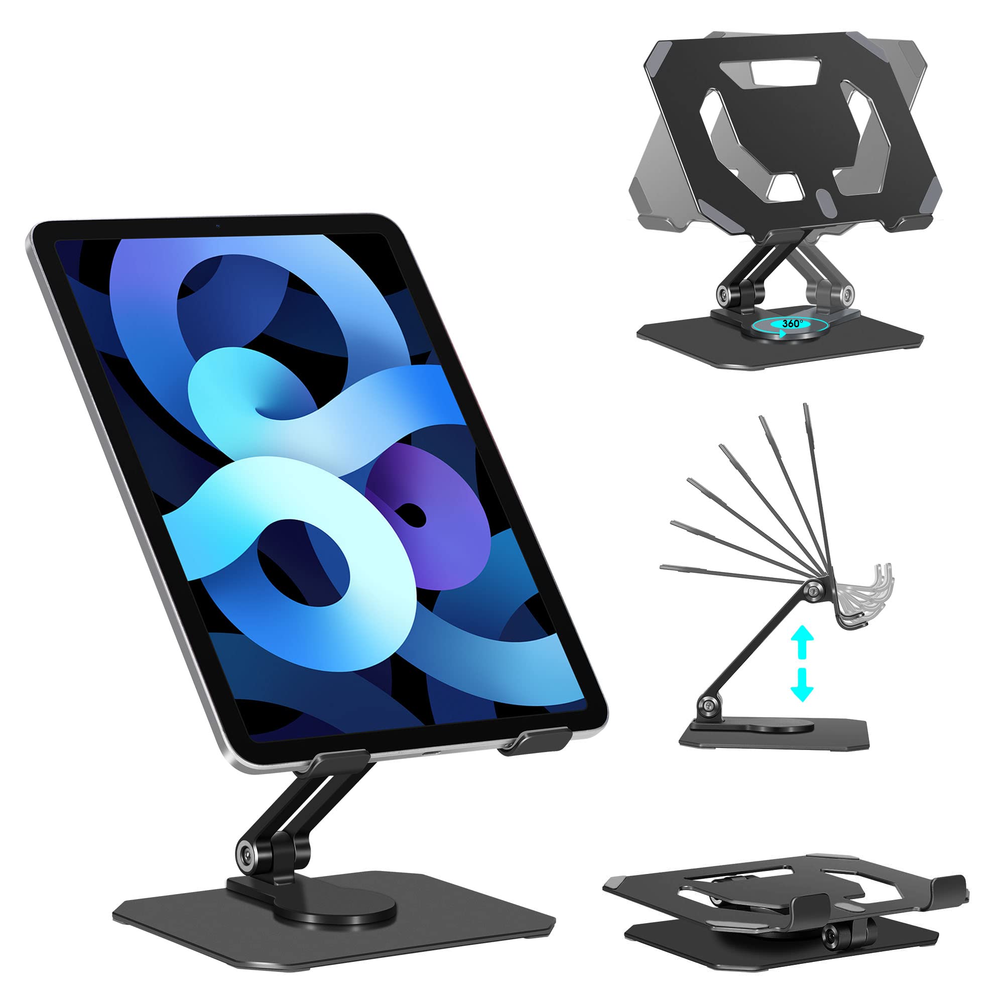360° Rotating Adjustable Aluminum Tablet Stand Holder for iPad - Portable Foldable Desktop Dock with Heavy Duty Metal Base, Compatible with iPad 7/8/9, iPad Air 4/5, iPad Pro 11/12.9 - Perfect for Home Office, Study, Watching Movies & Video Calls
