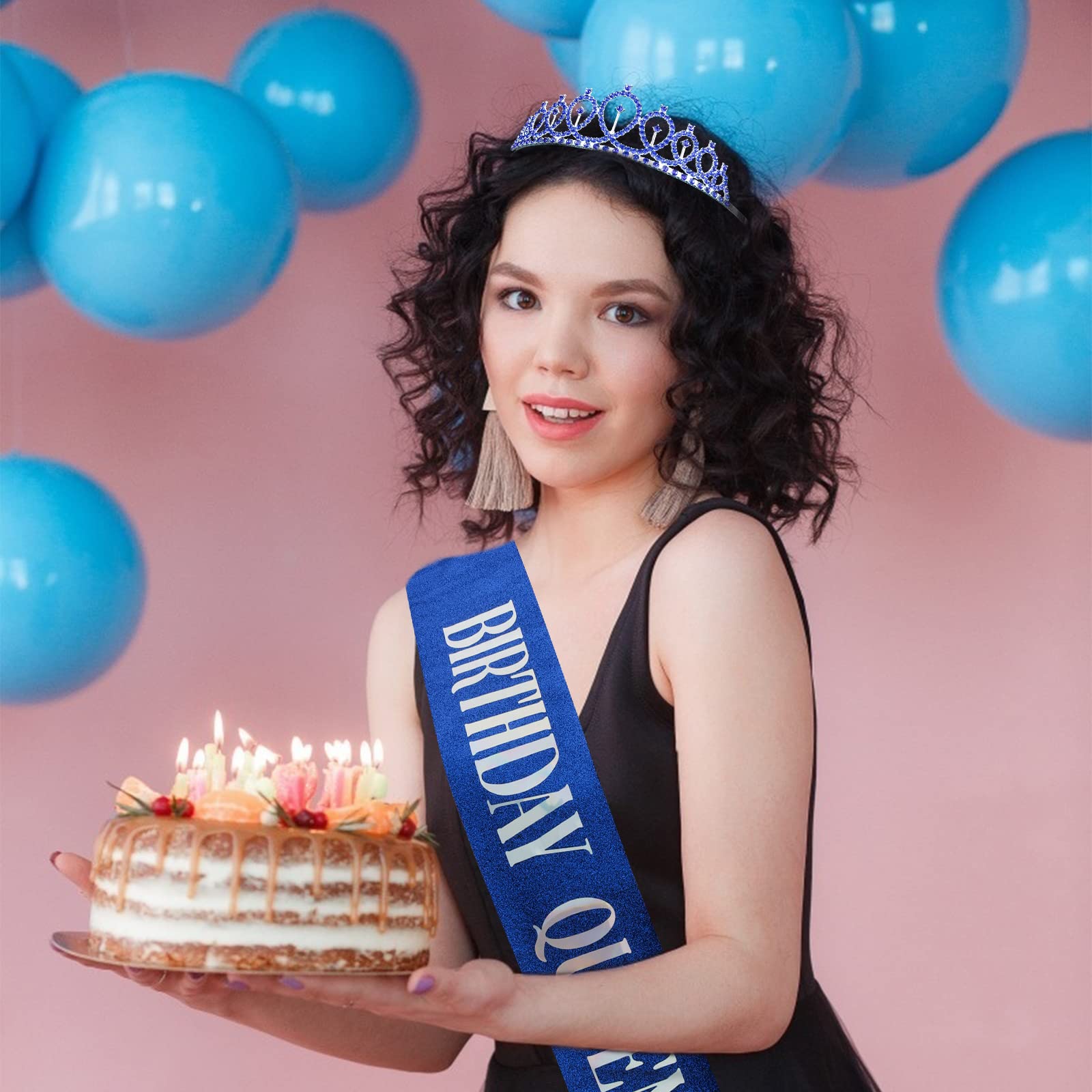 CIEHER Birthday Queen Sash & Crystal Crown Set for Women - Sparkling Rhinestone Tiara & Glitter Sash Kit for Birthday Parties, Bachelorette, Pageants & Special Events (Blue)