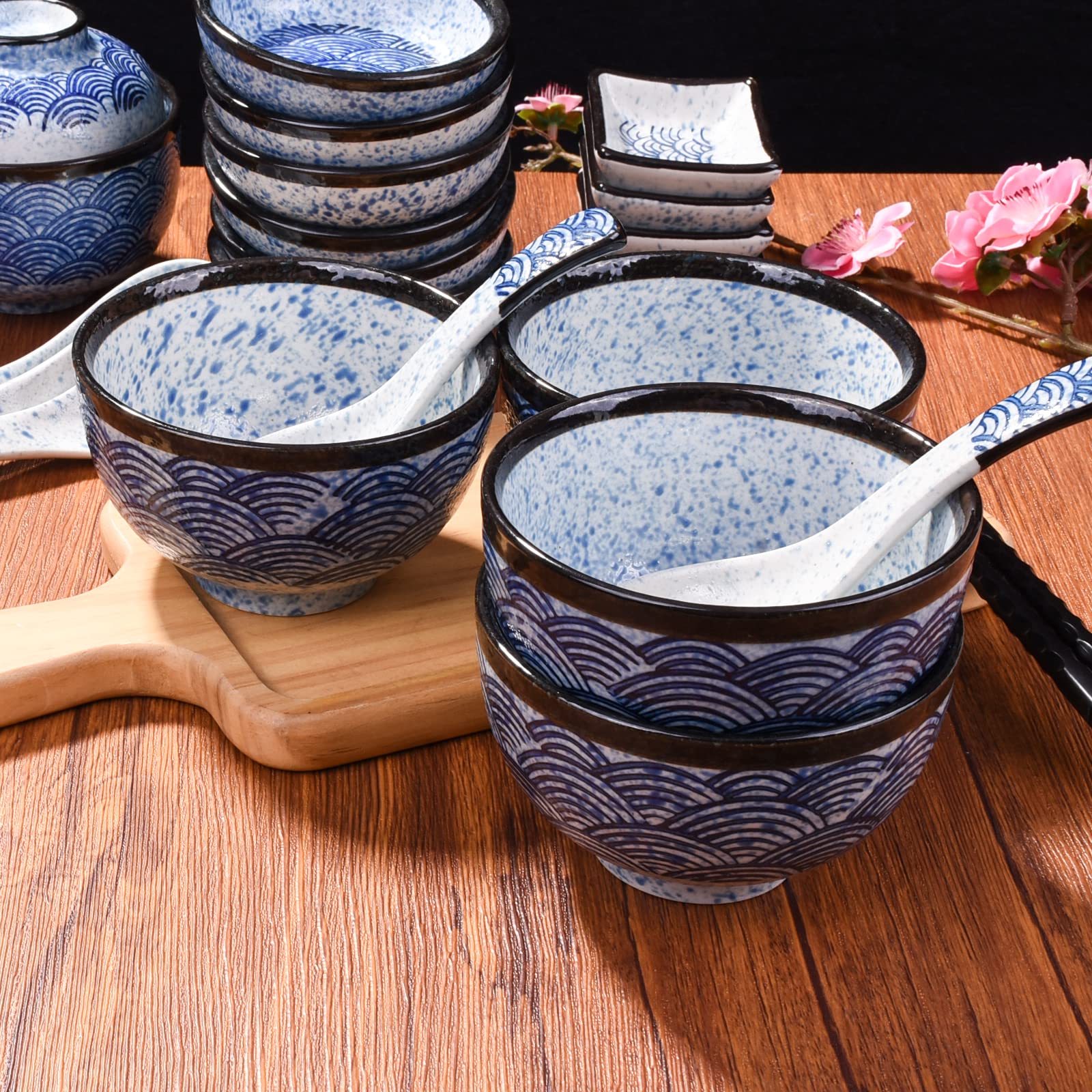 Japanese Rice Bowl Set of 4 - 10.2oz Asian Ceramic Sushi Bowls in Blue - Perfect for Rice, Snacks, Desserts & Sauces - Ideal for Sushi, Ramen, Poke Bowls and Home Dining