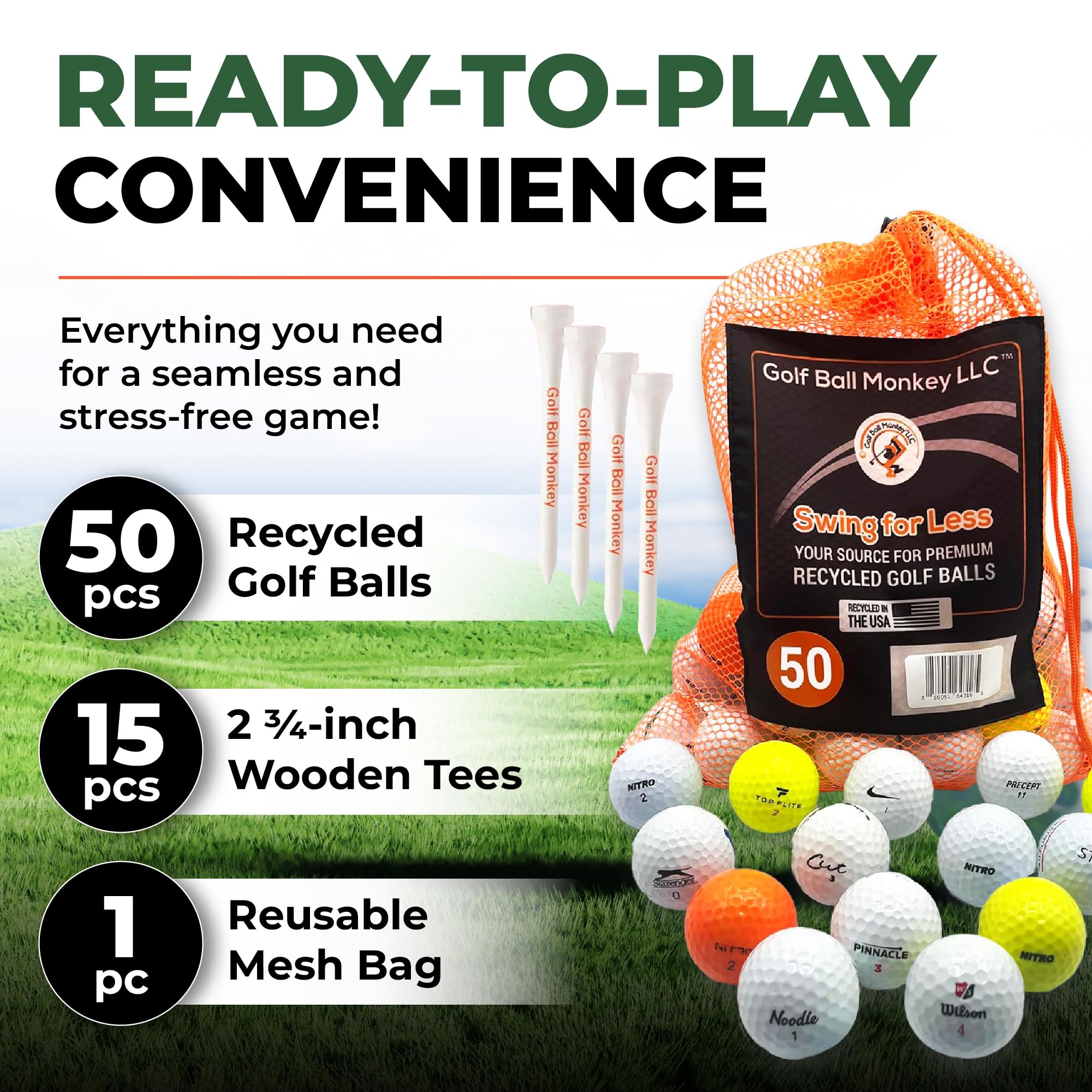 Premium Recycled Golf Balls Bulk Pack - 4A Near Mint Condition with 15 Tees & Mesh Storage Bag | Value Line Series for Men | Perfect for Driving Range Practice, Backyard Chipping & Casual Golf Games