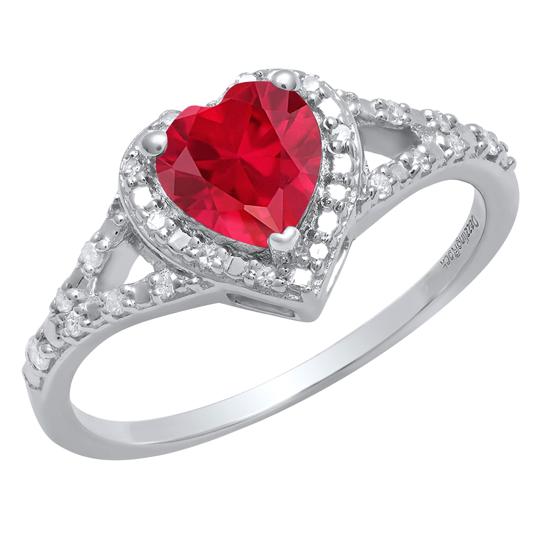Dazzlingrock Collection 6mm Heart Lab-Created Gemstone & White Diamond Engagement Ring in 925 Sterling Silver - Perfect for Proposals, Anniversaries & Romantic Gifts