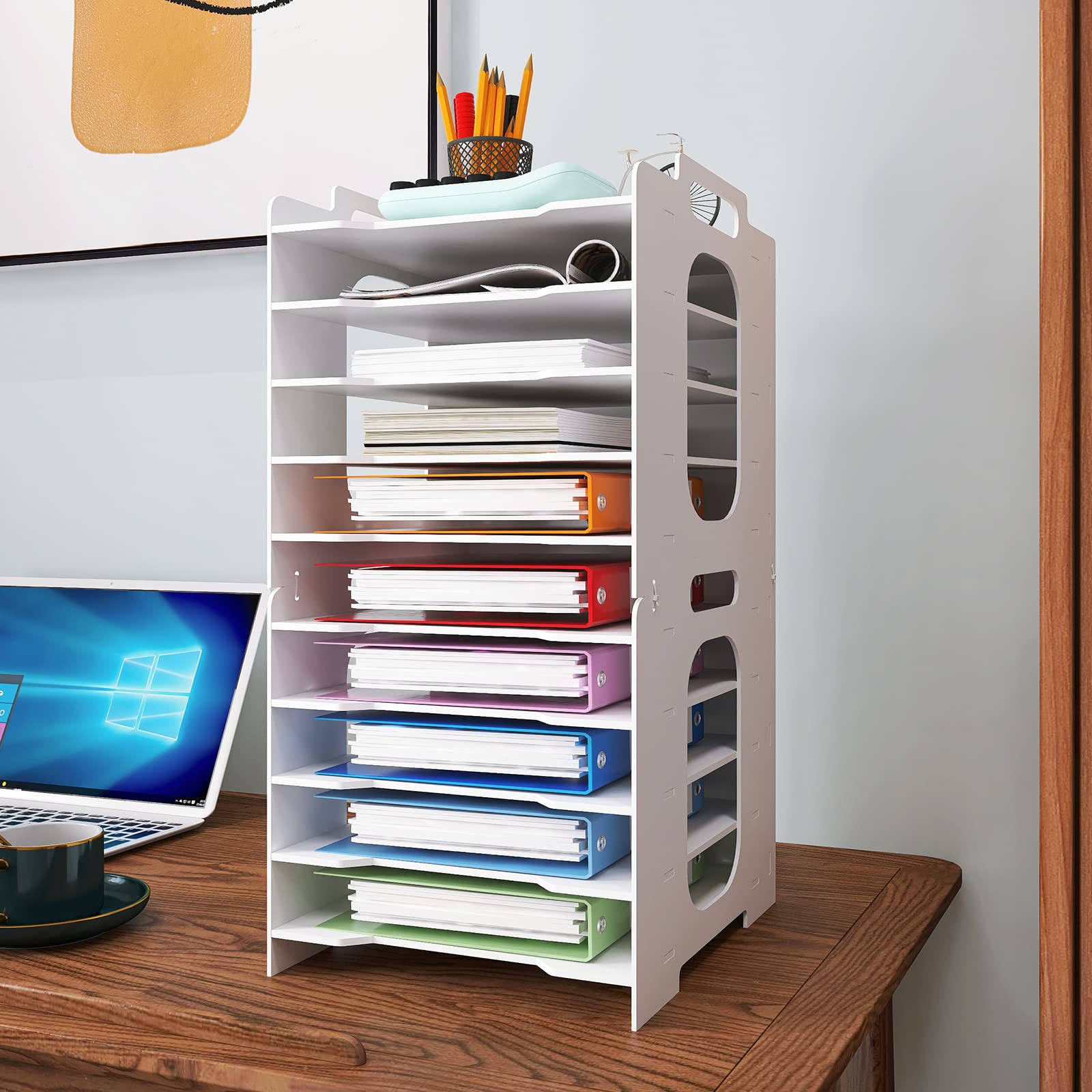 Natwind 10-Tier Stackable Paper Organizer - White Desktop File Sorter & Document Storage Rack for Office, Home, School | Perfect for Organizing Letters, Bills, and Important Documents
