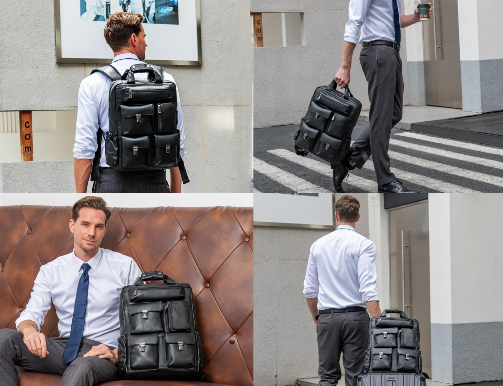 Stylish Black Leather Backpack for Men - 15.6 Inch Laptop Bag with Multiple Pockets - Durable Rucksack for Business, Work, Travel & Daily Use - Perfect for Commuting, Office & College