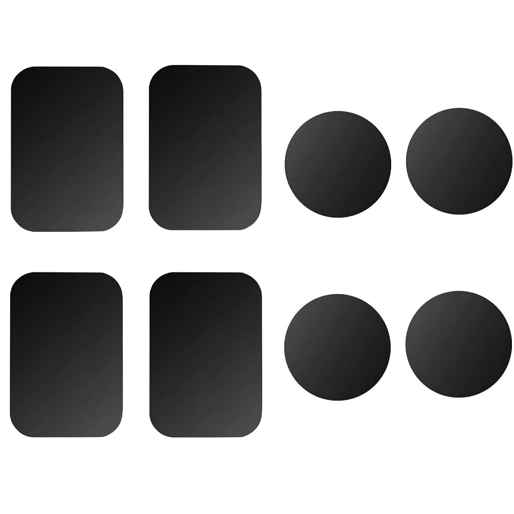 8 Pack Happy Bell Magnetic Car Mount Metal Plates with 3M Adhesive - 4 Rectangular & 4 Round Black Plates for Phone, GPS & Dashboard Accessories - Perfect for Car, Office & Home Organization