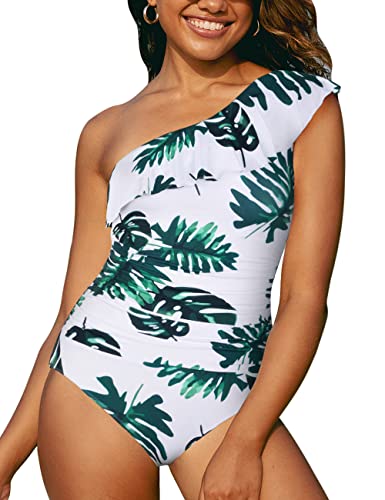 Hilor Women's One Shoulder Asymmetric Ruffle Monokini Swimsuit - Sexy One Piece Bathing Suit for Beach, Pool & Summer Vacation
