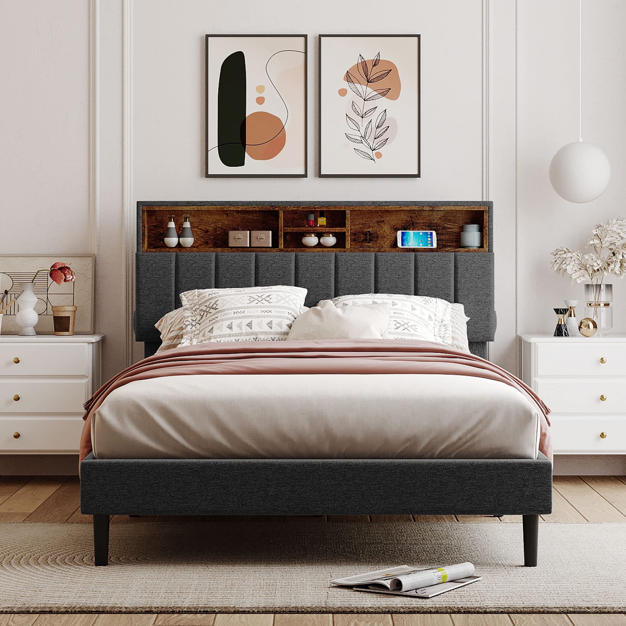 **Full Size LED Bed Frame with Headboard - Upholstered Platform Bed with Hidden Storage & USB Ports, Linen Fabric, No Box Spring Needed, Easy Assembly (Gray) - Perfect for Modern Bedrooms, Guest Rooms & Small Spaces**
