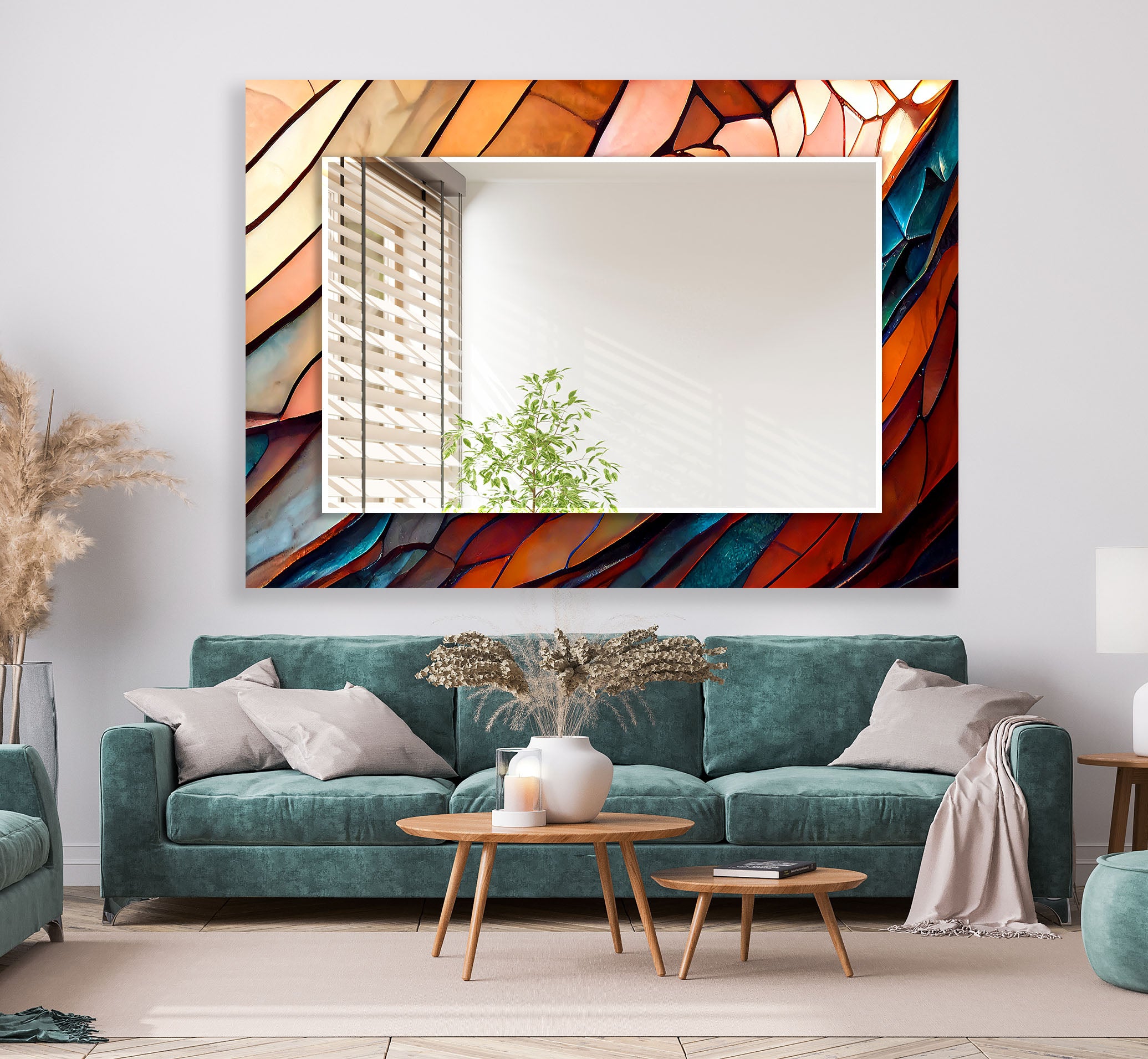 Amber Flame Glass Wall Mirror with Abstract Stained Frame - Elegant Home Decor for Living Room, Bedroom & Entryway