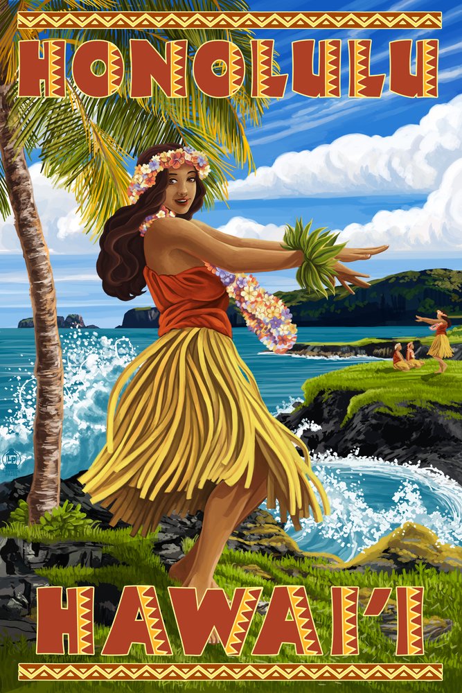 Hula Girl on Honolulu Hawaii Coast - 16x24 Gallery Quality Metal Wall Art, Aluminum Decor for Beach House, Tropical & Coastal Home Decor