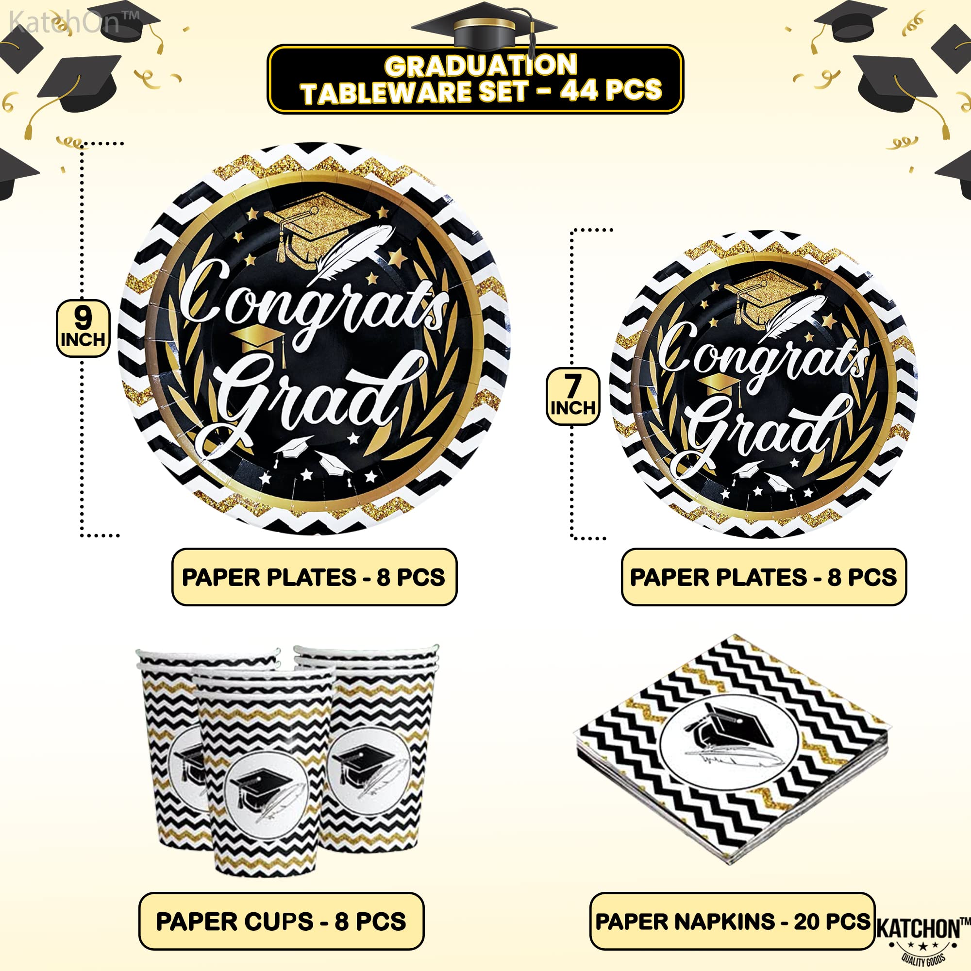 KatchOn 2025 Graduation Party Plates & Napkins Set - 44-Pack Black & Gold Congrats Grad Decorations for Commencement Celebrations | Perfect for Graduation Ceremonies, Open Houses & Senior Parties