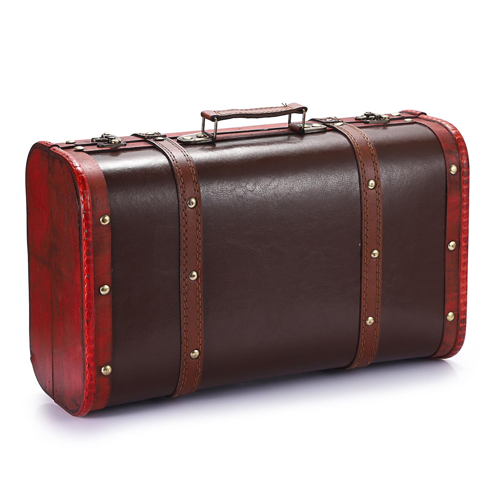 Vintage Wooden Storage Chest - Portable Decorative Luggage Suitcase with Lock, Antique Red Pirate Treasure Box for Keepsakes & Jewelry | Gift Idea for Home Decor, Travel Storage & Themed Parties