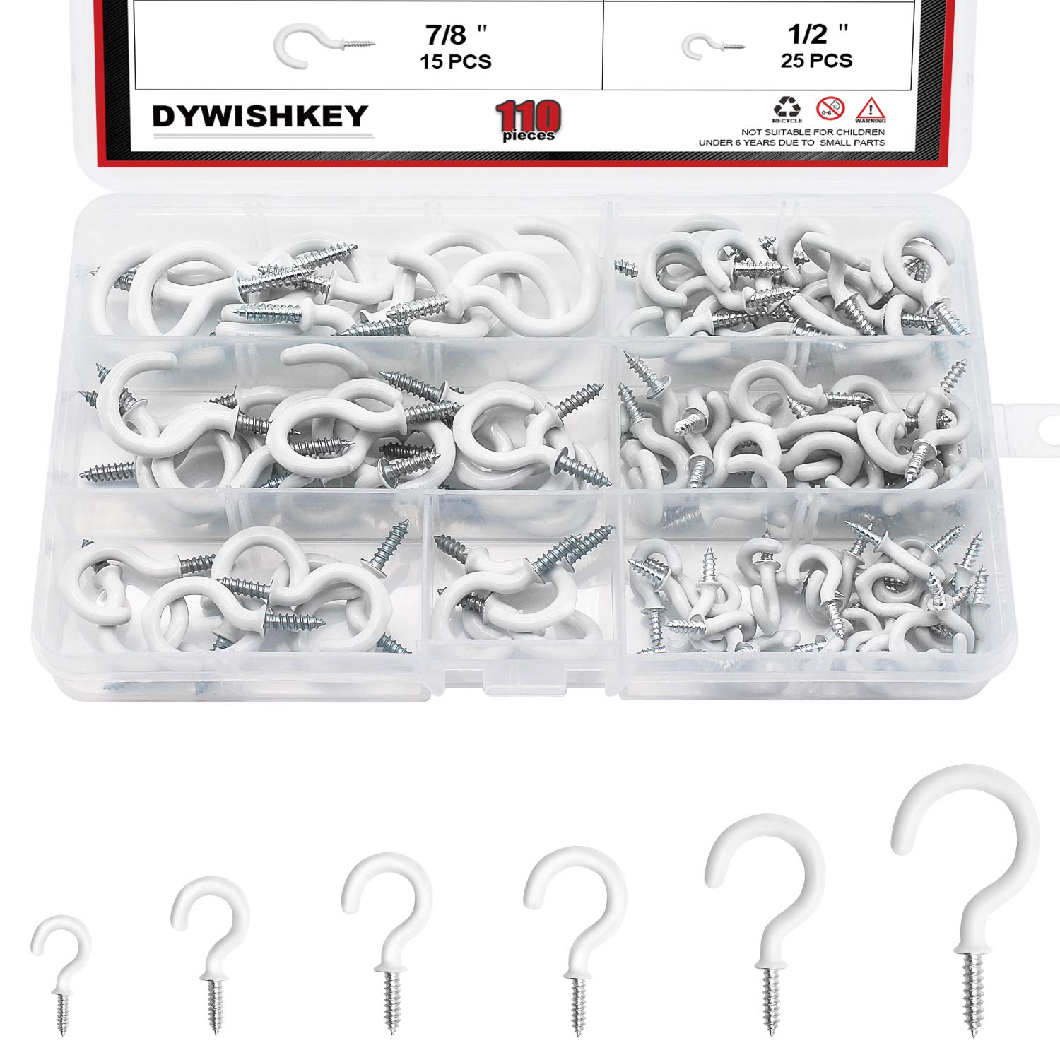 DYWISHKEY 110PCS Cup Screw Hooks Kit - 6 Sizes (1/2