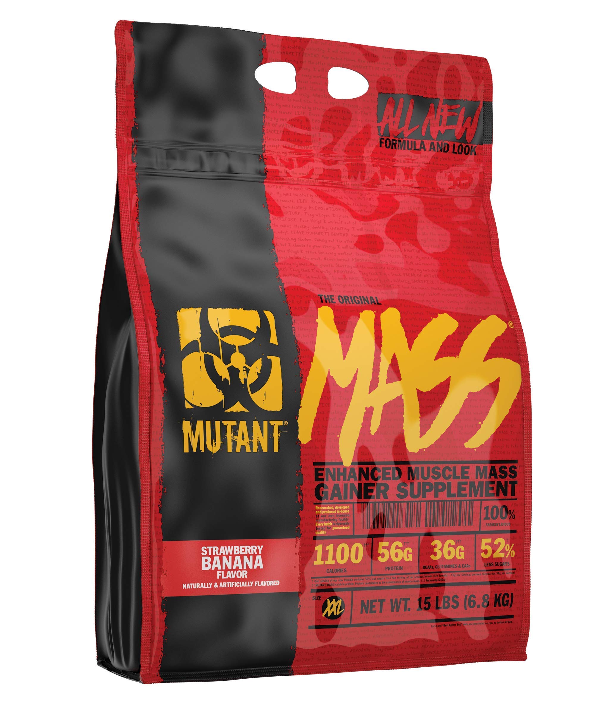 Mutant Mass Weight Gainer Protein Powder - 1100 Calories per Serving for Muscle Growth & Strength - 56g Protein, 26.1g EAAs, 12.2g BCAAs - 15lbs Strawberry Banana Flavor - Ideal for Bodybuilding, Post-Workout Recovery & Bulking Season