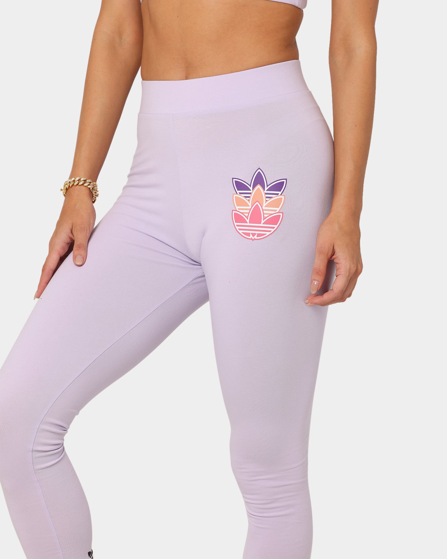 Adidas Women's Logo Play Leggings - Purple Printed Yoga Pants for Running, Workout & Gym - High Waisted Stretchy Athletic Tights