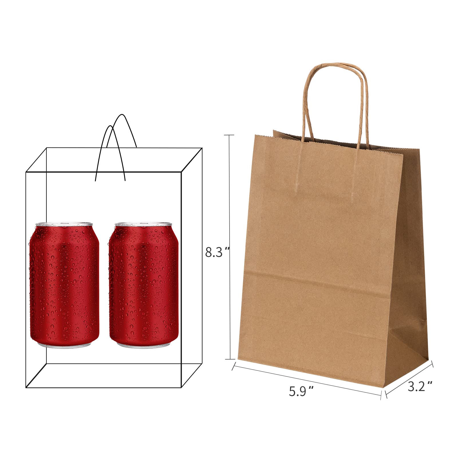 RACETOP 100Pcs Small Brown Kraft Paper Bags with Handles - 5.9