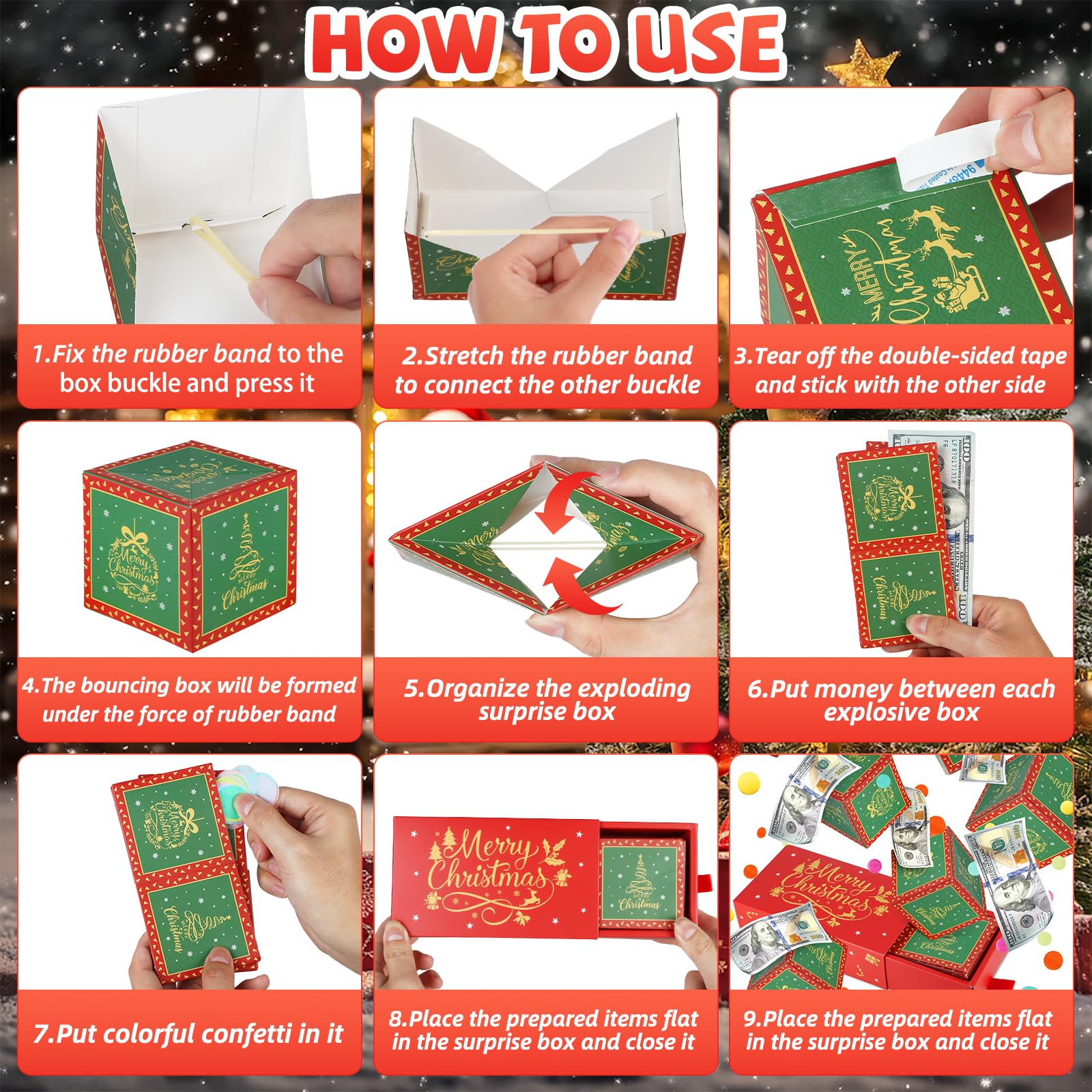 DIY Pop Out Folding Explosion Money Gift Box with Confetti - Christmas Birthday Surprise Cash Present for Women, Men & Kids - Perfect for Holidays, Parties & Special Occasions (Red)