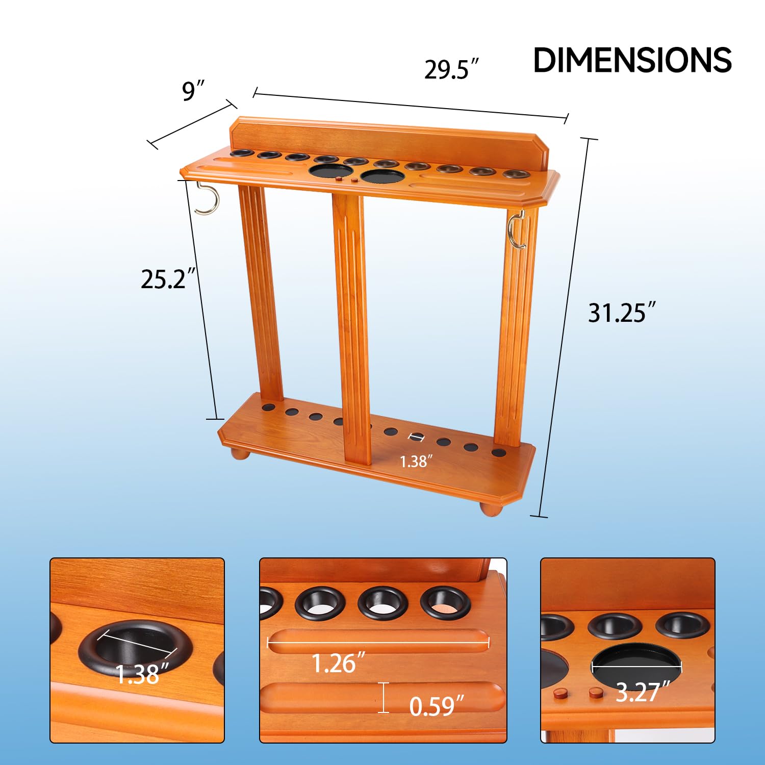 GSE Games & Sports Expert 10-Cue Floor Standing Billiard Rack with 2 Drink Holders & Full Pool Ball Set - Premium Oak Wood Pool Table Accessory for Game Rooms & Bars