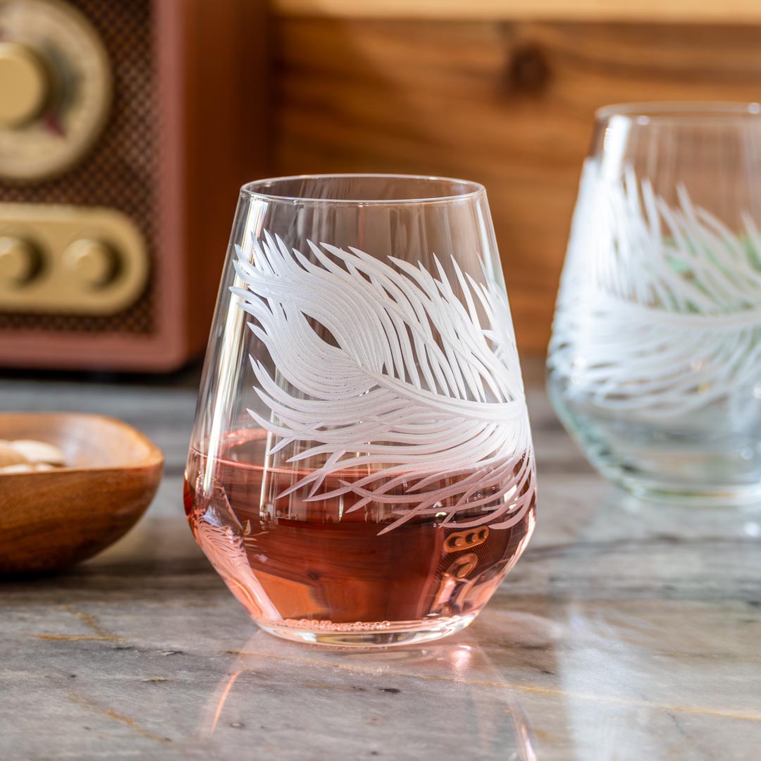 Peacock 18oz Stemless Wine Glasses Set of 2 - Elegant & Durable Glassware for Red Wine, White Wine, Cocktails - Perfect for Dinner Parties, Weddings, Gifts & Home Entertaining