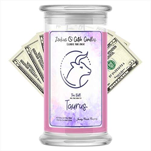 Taurus Zodiac Cash Money Candles - Surprise Cash Value $2-$2500 | 21oz Soy Wax Candle in Glass Jar | Birthday Gift, Home Decor & Spiritual Manifestation | Perfect for Astrology Lovers & Money Attraction Rituals