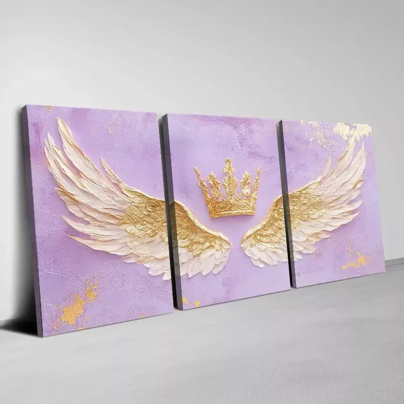 3-Piece Elegant Wing and Crown Wall Art Set - Pink Background Canvas Framed 50x70cm - High Quality Print - 100% Australian Made - Ready to Hang - Perfect for Living Room, Bedroom & Office Decor