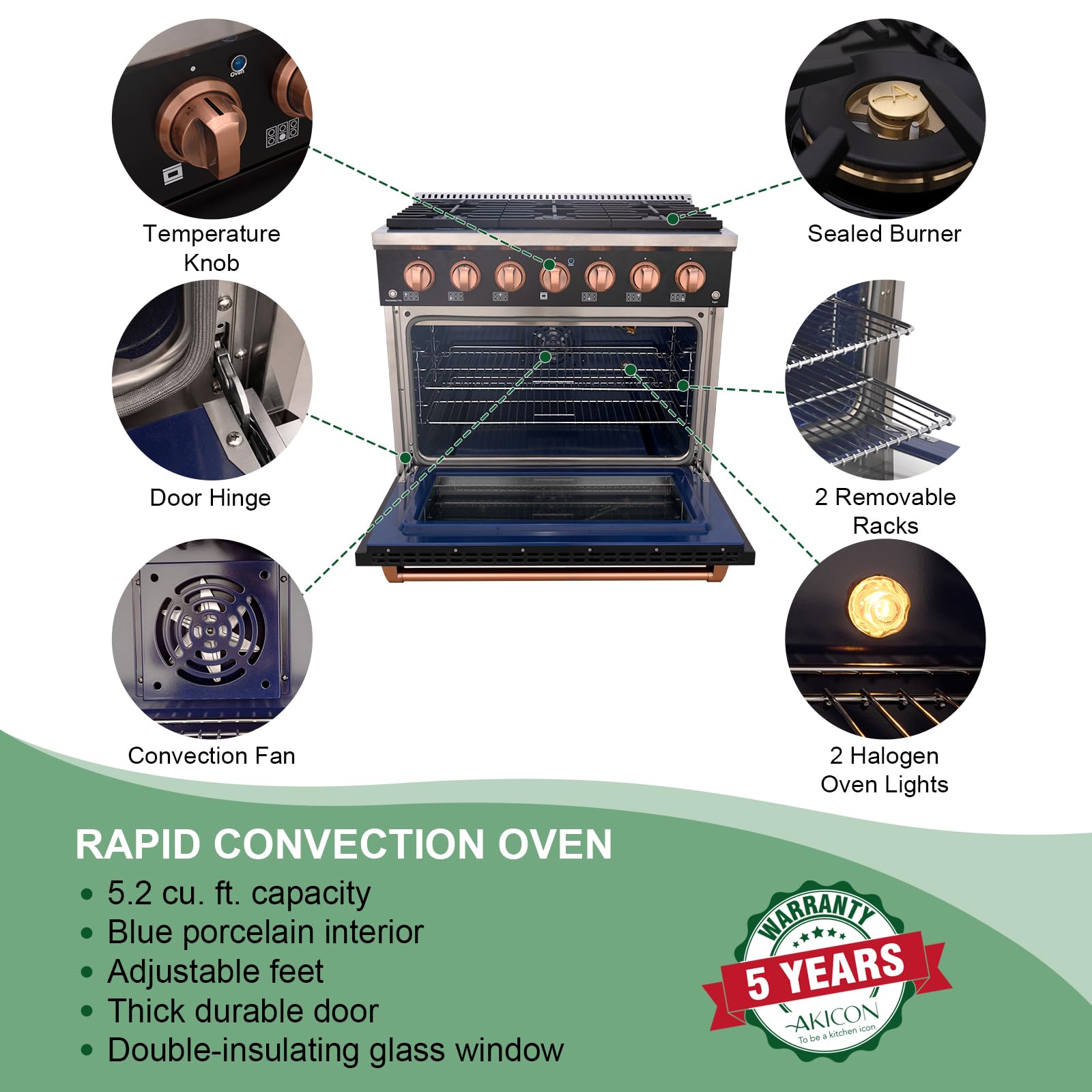 Akicon 36 Inch Freestanding Gas Range - 6 Sealed Burner Gas Stove with Heavy Duty Cast Iron Grates | 5.2 cu.ft Rapid Convection Oven | Blue Porcelain Interior (Black & Copper) | Perfect for Home Kitchen, Restaurant & Commercial Cooking