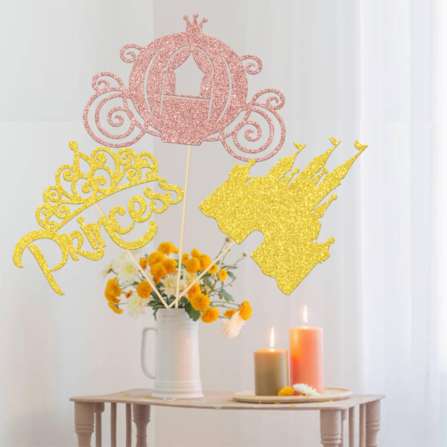 12 PCS Little Princess Crown Centerpiece Sticks - Gold Glitter Table Decorations for Princess Baby Shower, Birthday Party & Castle Theme Celebrations - Perfect for Table Centerpieces, Cake Toppers and Party Favors
